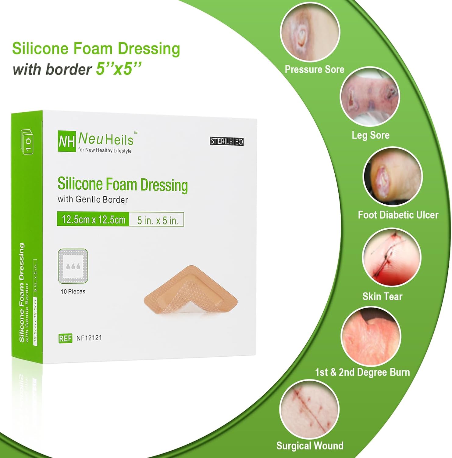 Detalle 2 de NeuHeils 5x5 Inch Silicone Foam Dressing with Border, 10-Pack