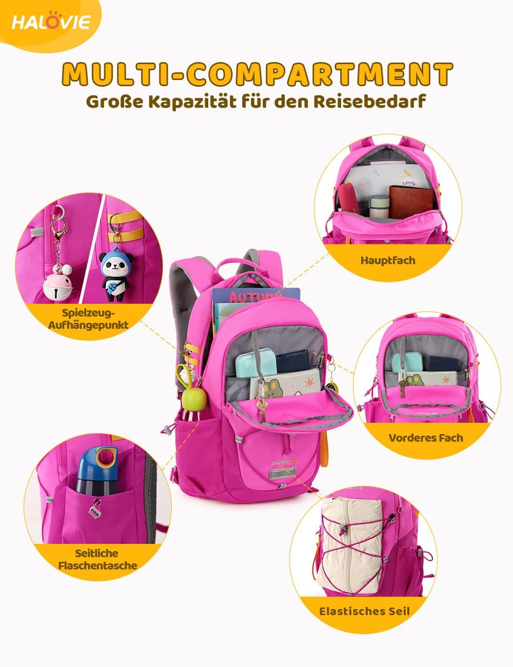 Detalle 2 de HALOVIE Kinderrucksack 15L für 6–10 Jahre – kompakter Wanderrucksack mit Brustgurt