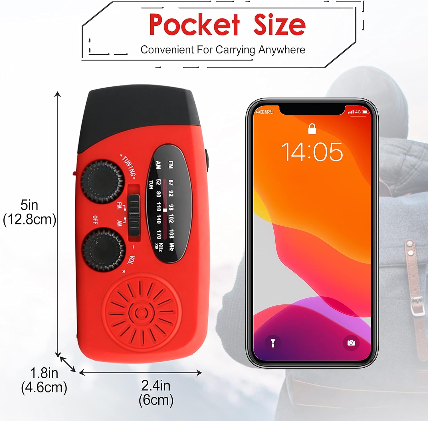 Detalle de RunningSnail Emergency Hand Crank Radio with LED Flashlight, AM/FM NOAA Weather Radio & 2000mAh Power Bank