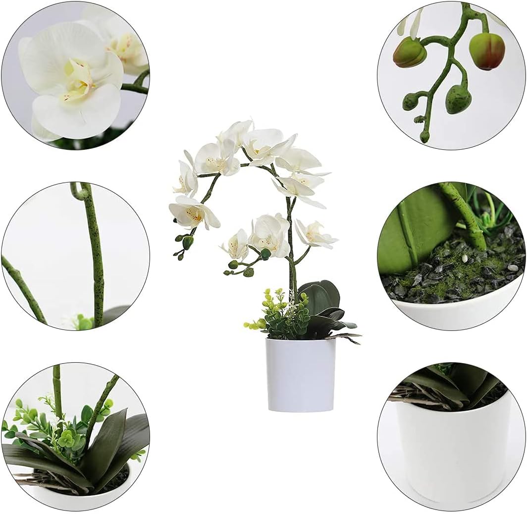 Detalle de Orchidée artificielle blanche dans pot blanc — fleur et plante réalistes pour la maison et le bureau