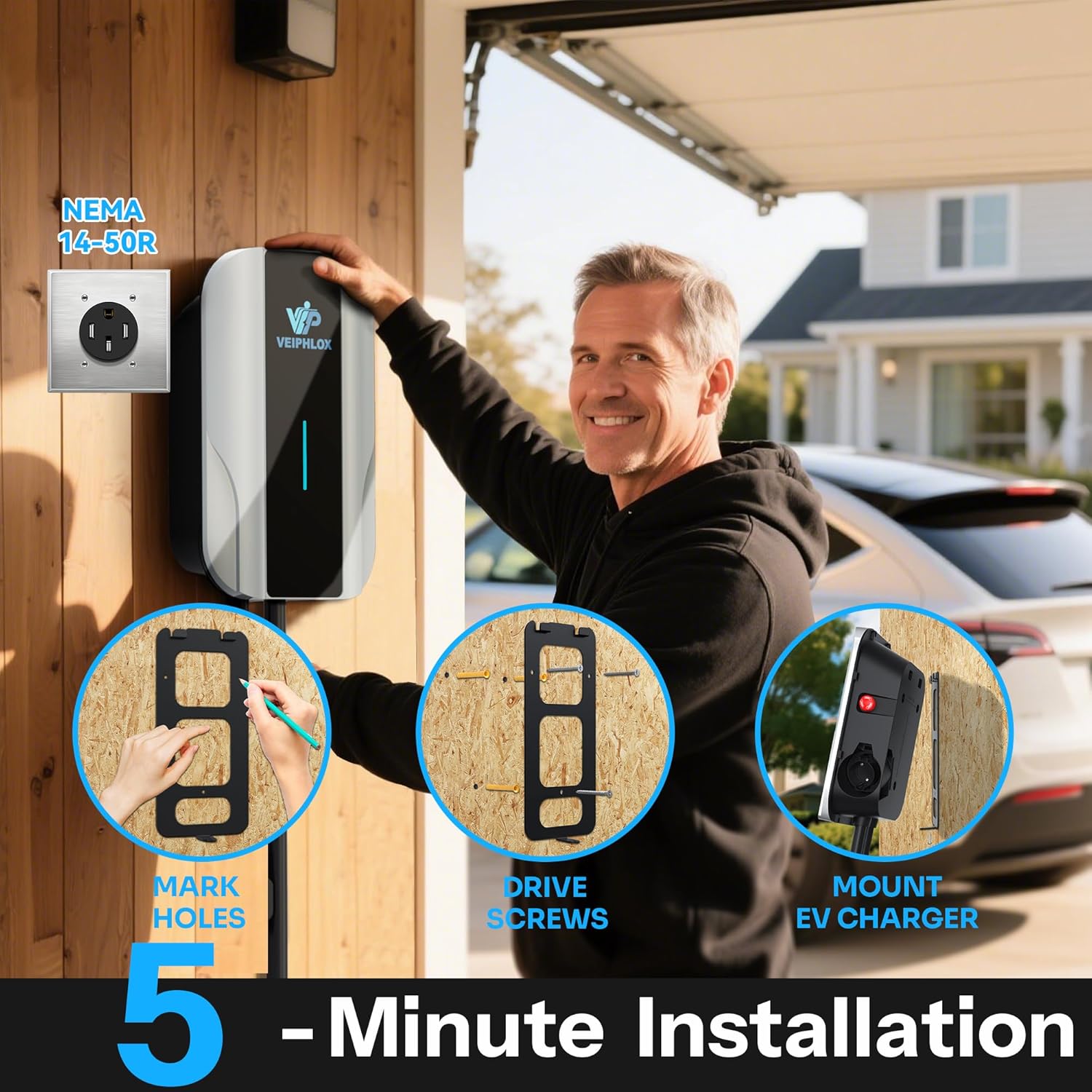 Thumbnail 5 de VEIPHLOX Level 2 EV Charger 40A (9.6 kW) | 25ft, NEMA 14-50, J1772 Portable Home Electric Vehicle Charger