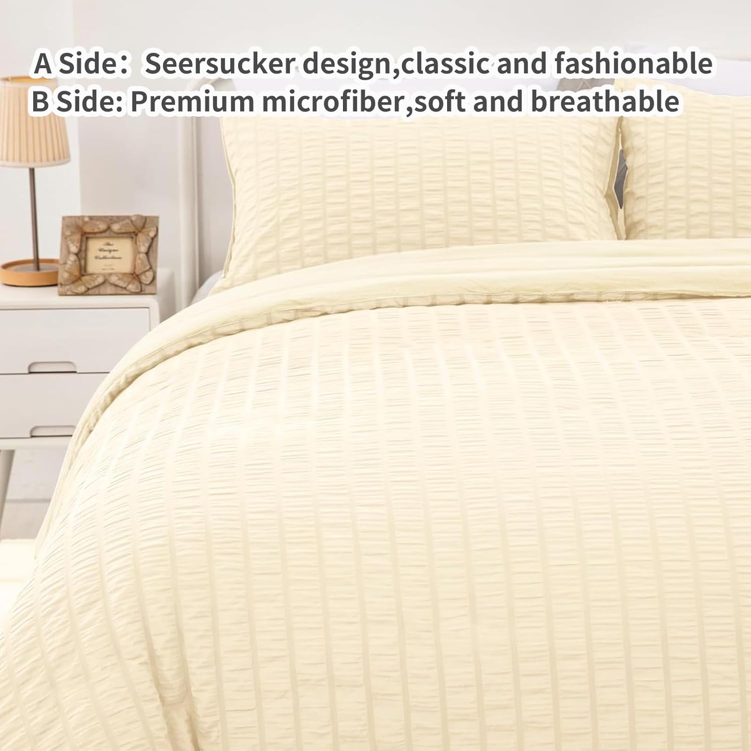 Thumbnail 3 de WONGS BEDDING Cream Yellow Seersucker Bedding Set (King) – Seersucker Duvet Cover with Zipper Closure