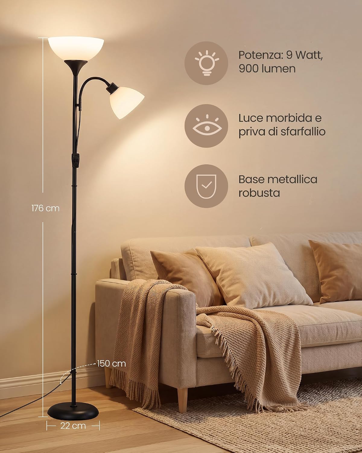 Detalle 2 de VASAGLE Lampada da Terra con Braccio Regolabile Lusia LFL019B102: stile moderno e illuminazione versatile per living e ufficio