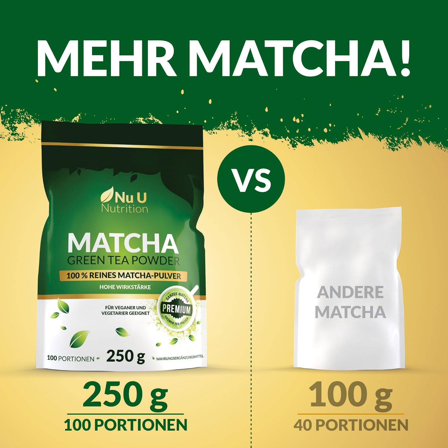 Detalle de Matcha Grüntee Pulver 250 g – Nu U Nutrition, 100 Portionen, Premium Lebensmittelqualität