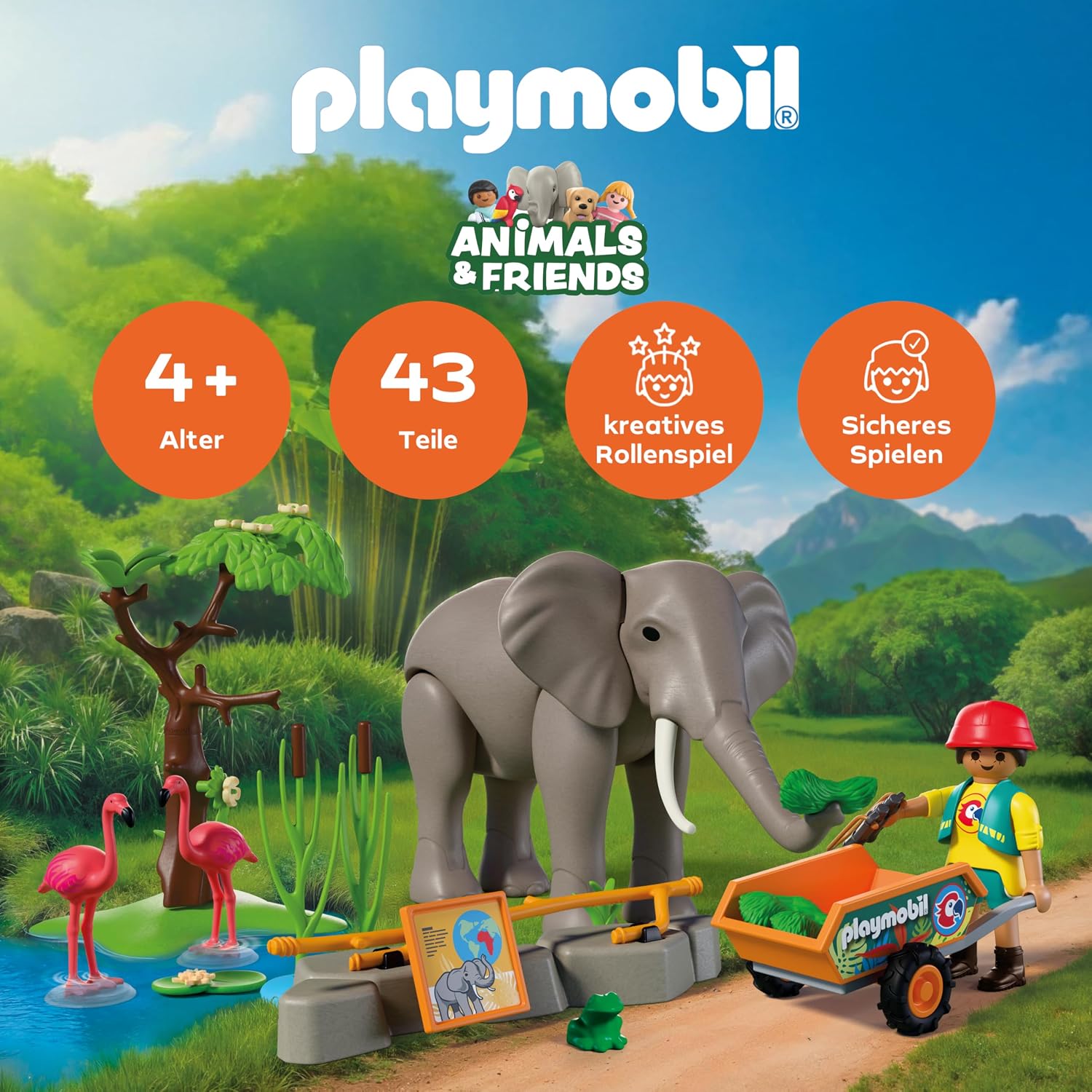 Detalle de PLAYMOBIL Animals & Friends: Elefant mit Tierpfleger – Zoo-Set mit 4 Tieren & Gehege-Zubehör (72068)