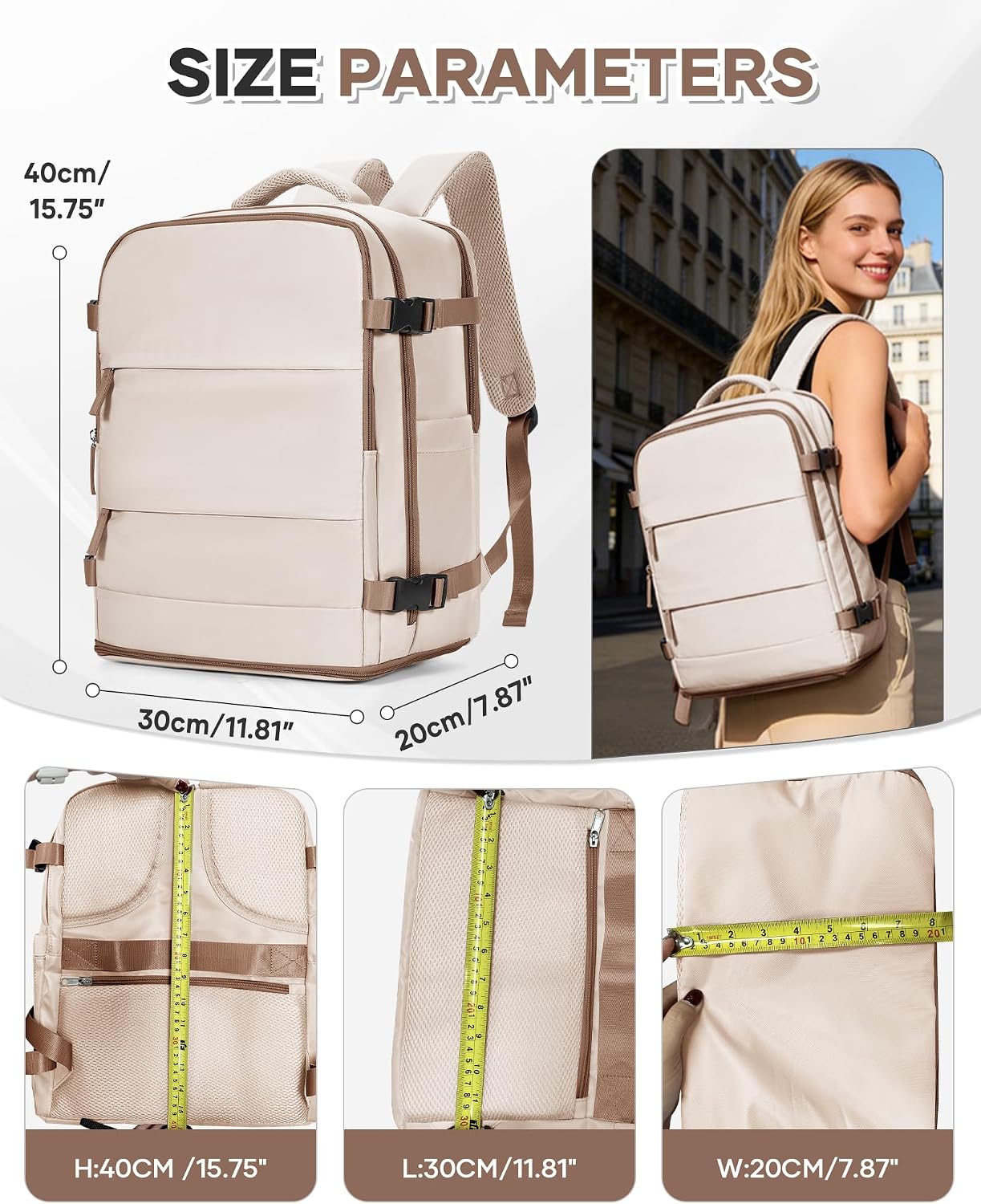 Detalle 2 de SZSYCN Sac à Dos Voyage Cabine Avion 40×30×20 cm — Compatible Ryanair et EasyJet, avec Compartiment Portable 16