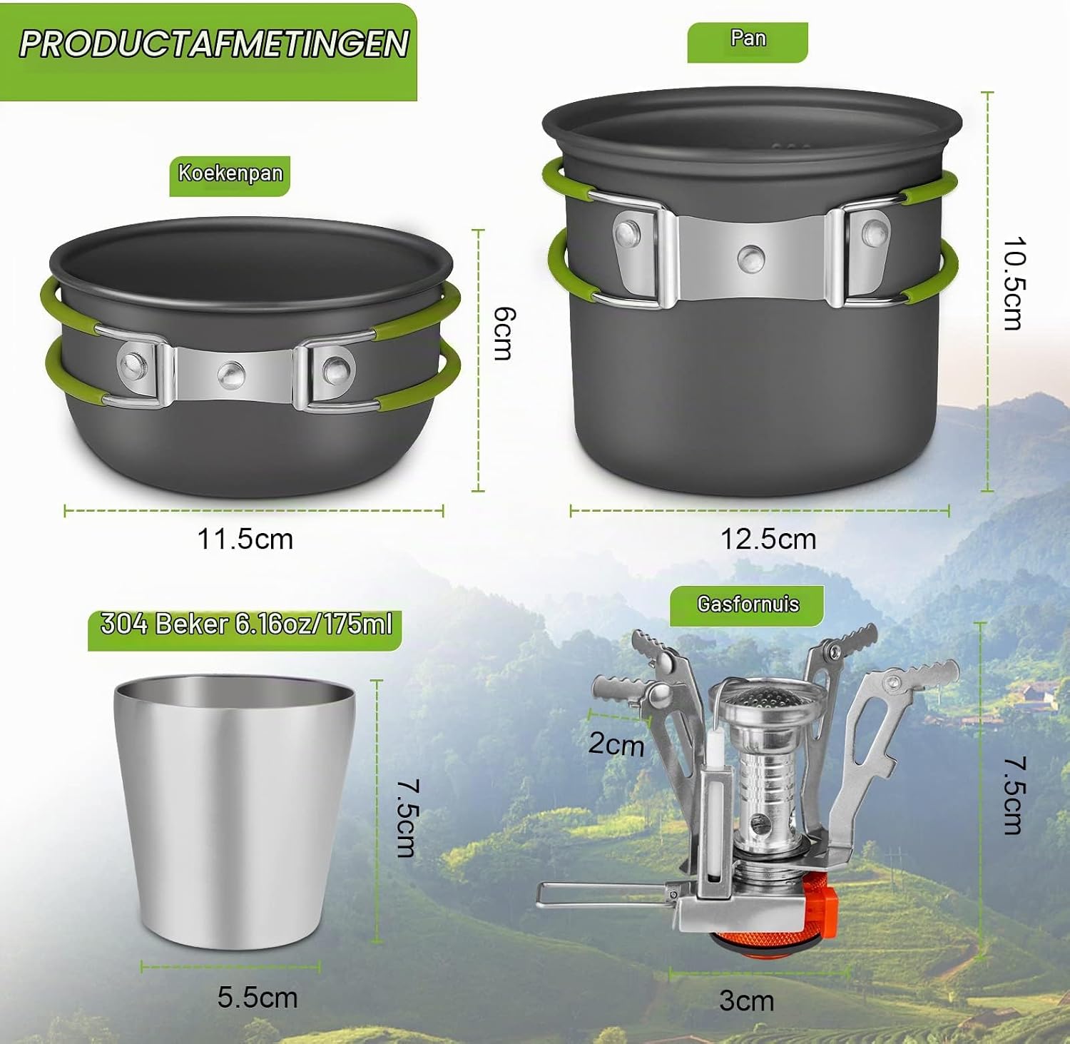Detalle de AUTOPkio B304 campingkookset met opvouwbaar fornuis en aluminium pannen