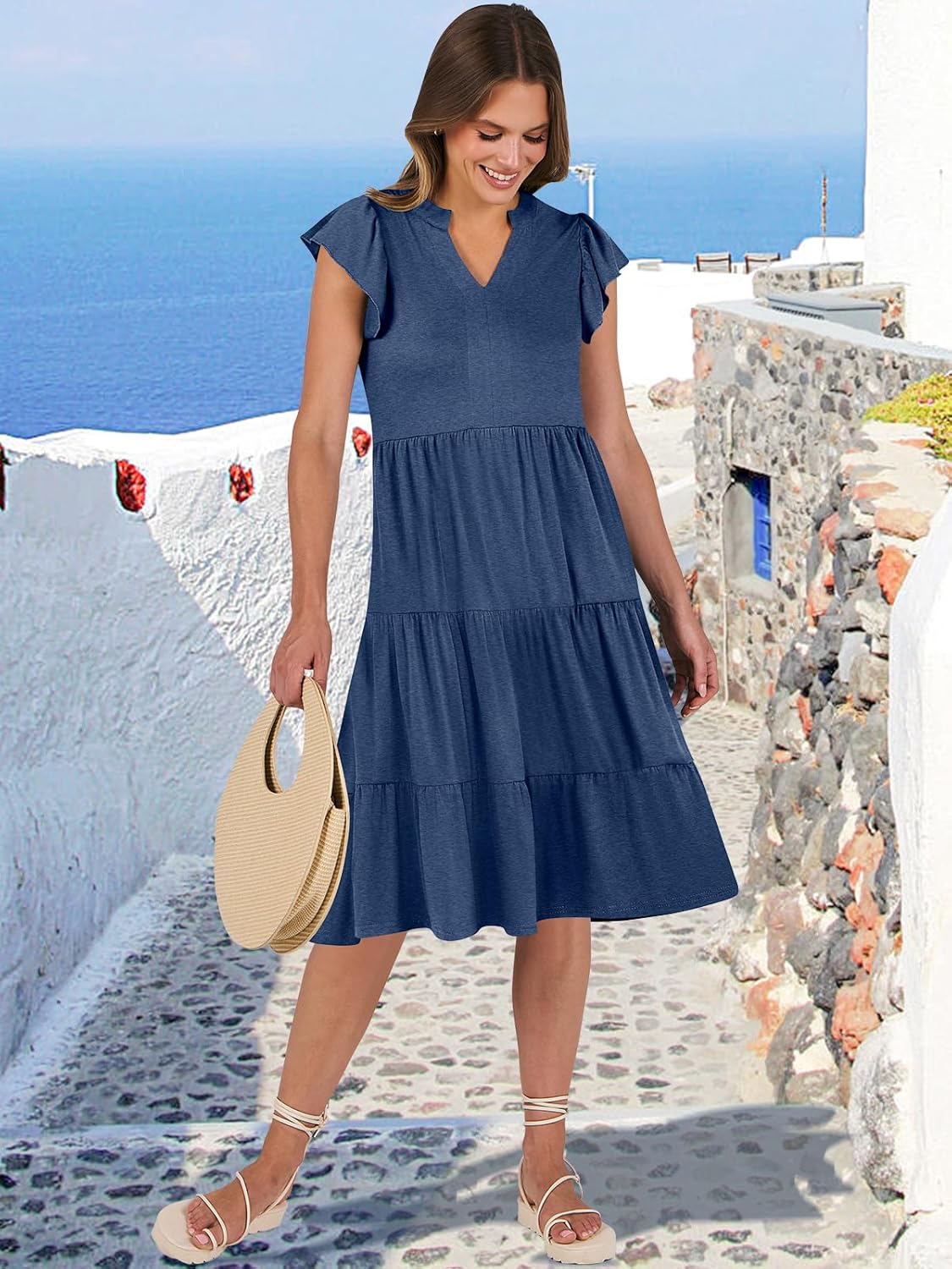 Thumbnail 4 de ANRABESS Women's Summer Dress with Ruffle Sleeves, V-Neck Midi Boho Sundress