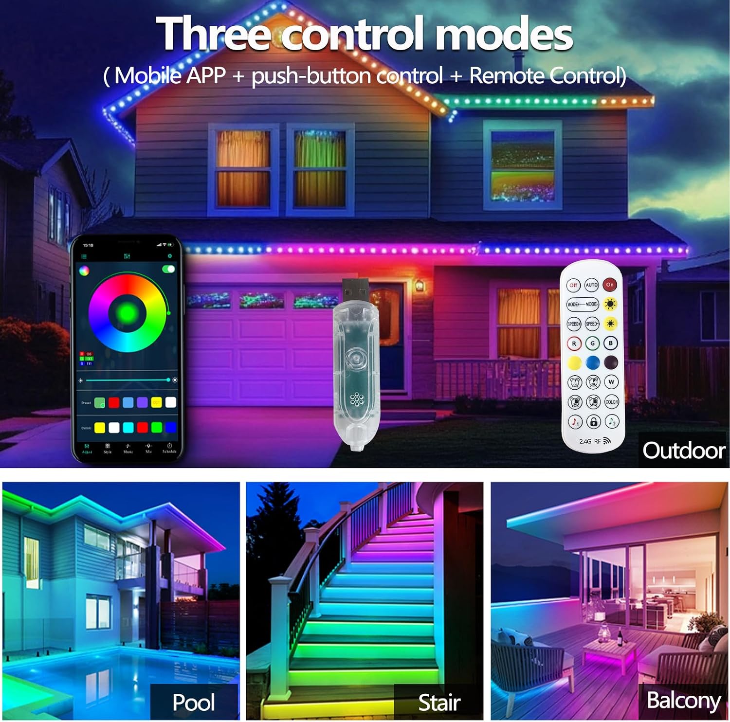 Detalle de httpsmp 32.8ft WS2812 RGB+IC LED Strip Lights – IP68 Waterproof Outdoor, USB Powered, Music Sync