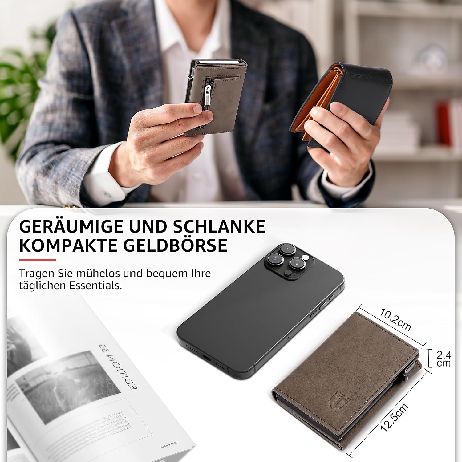 Detalle de Tomylv Geldbörse Herren – Slim Wallet RFID Schutz aus Leder, Braun