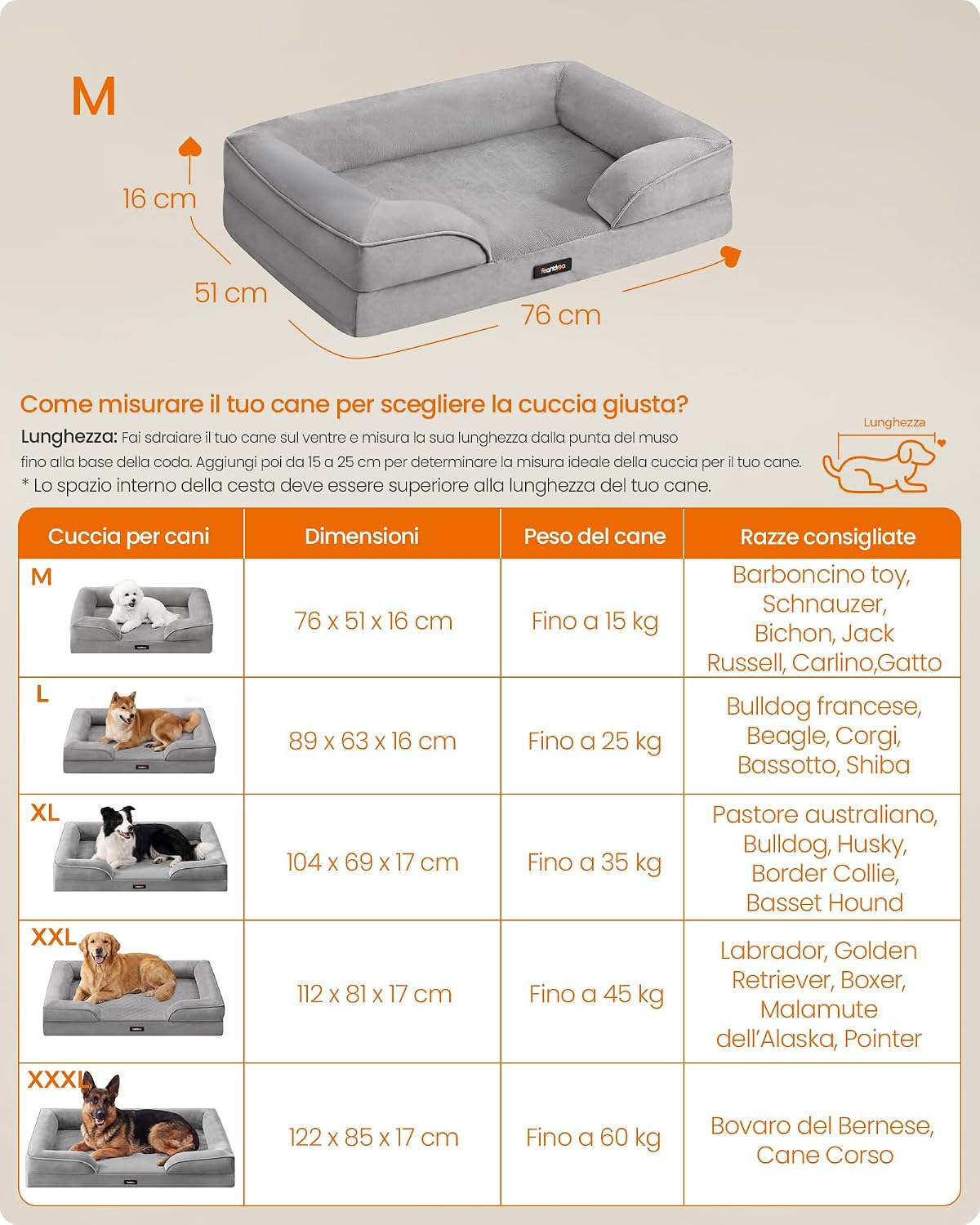 Detalle de Feandrea Cuccia Ortopedica per Cani M – Letto con Bordo Rialzato, 76x51x16 cm, Grigio Tortora
