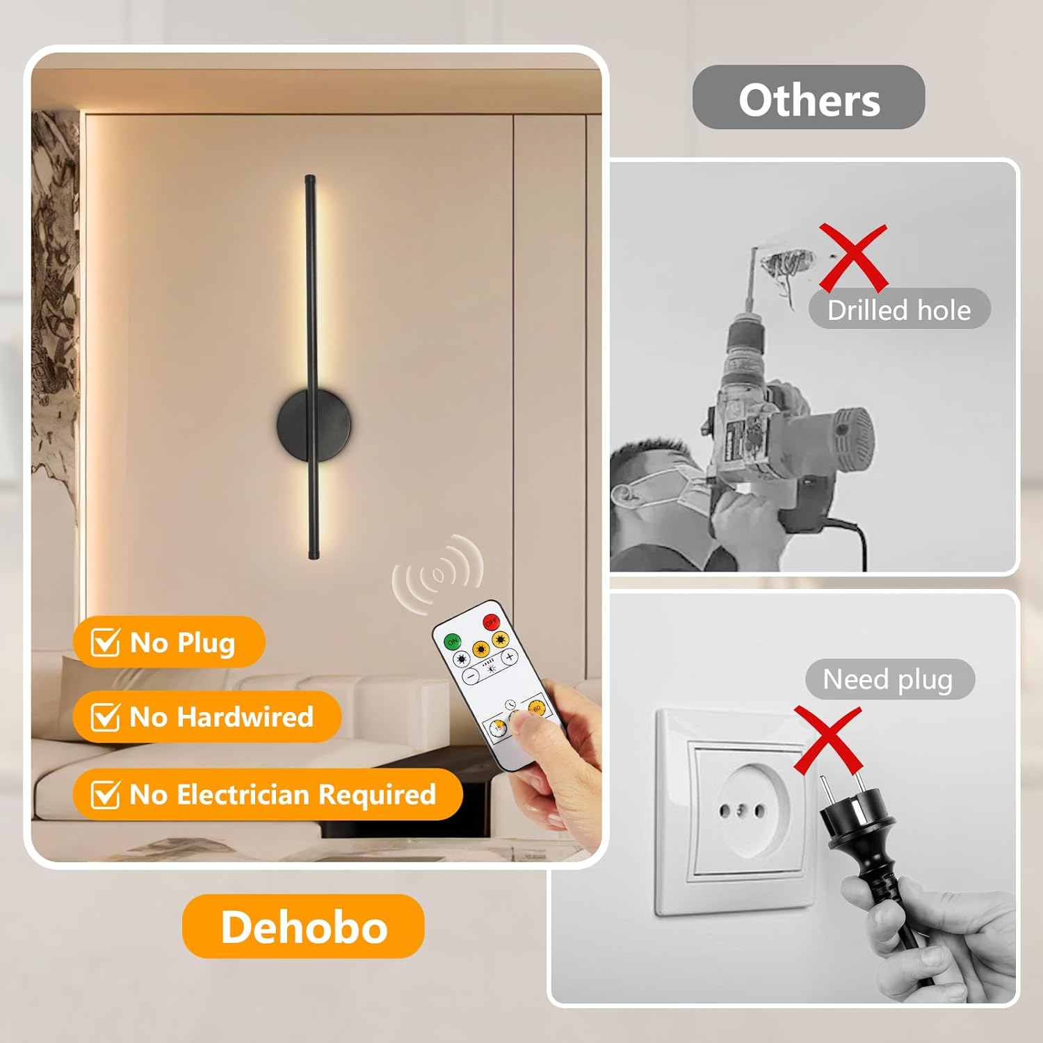 Detalle de Dehobo Rechargeable Wall Sconce Lights (2-pack) – 3 colour temps, wireless with remote, dimmable, 60cm