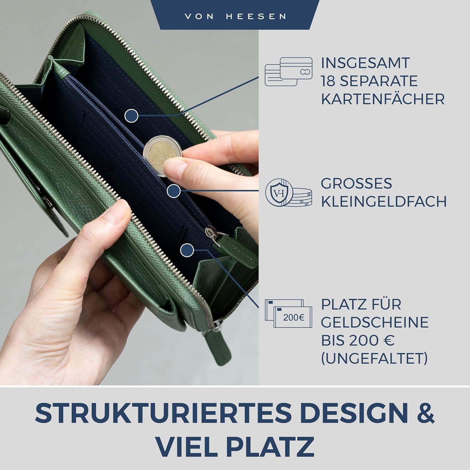 Detalle 2 de VON HEESEN Leder Handy-Geldbörse mit RFID-Schutz – Grüne Echtleder-Handytasche mit Wallet-Funktion für Damen & Herren