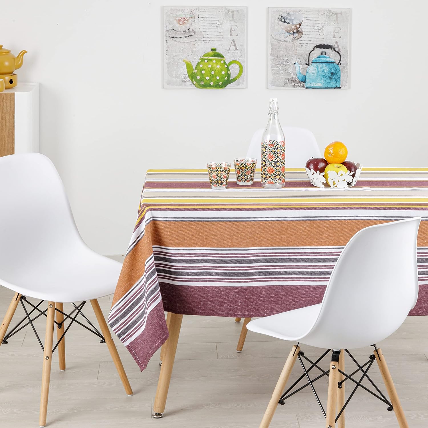 Thumbnail 4 de Baroni Home Nappe rectangulaire 145 × 185 cm, coton rayé Bordeaux – pour 6 à 8 places