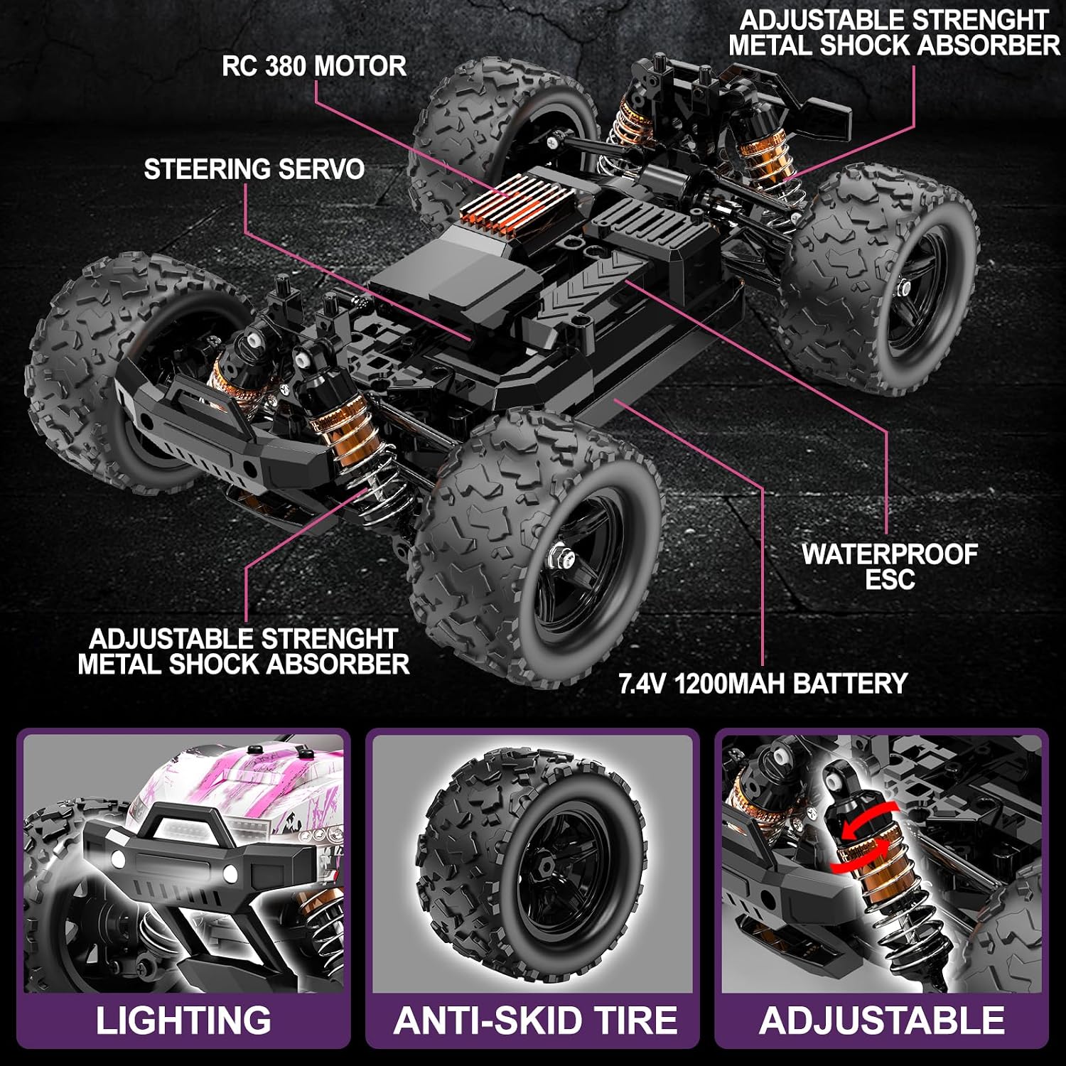 Detalle de Womaqu HS18323 RC-auto 1:18, paarse 4x4-offroadtruck met LED-verlichting