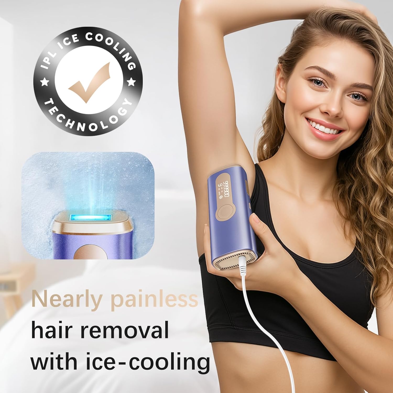 Detalle de Haarlosy IPL-Gerät zur Haarentfernung – Schmerzfreie Behandlung zu Hause mit 10 °C Kühlung
