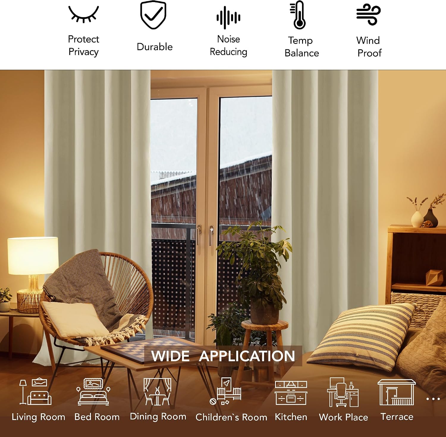 Detalle 2 de Deconovo Blackout Curtains with Black Eyelets in Warm Beige (2 Panels)