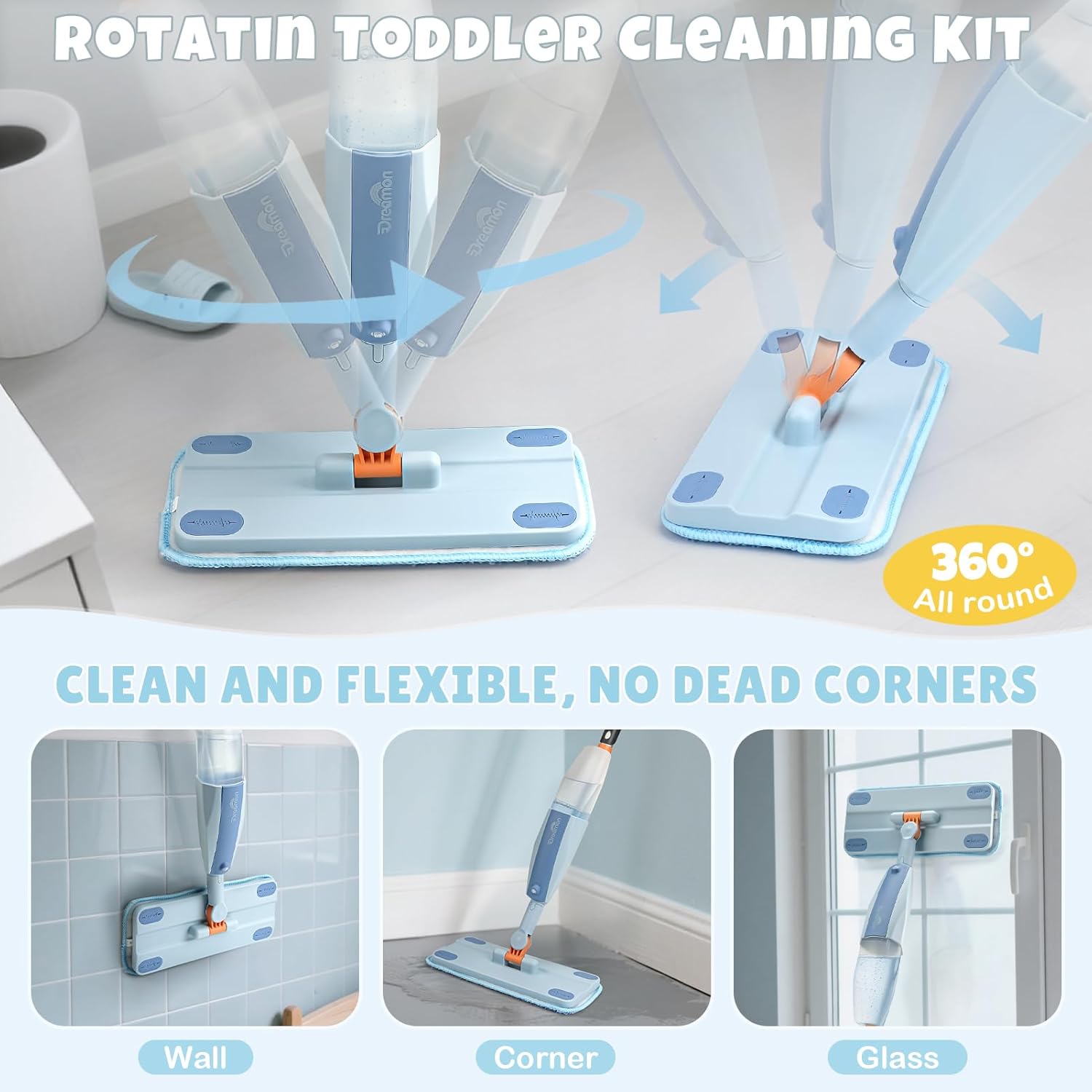 Thumbnail 2 de Dreamon Kids Spray Mop Toddler Cleaning Set (Real Spray Function) with Water Sprayer, 3 Washable Pads & Scraper