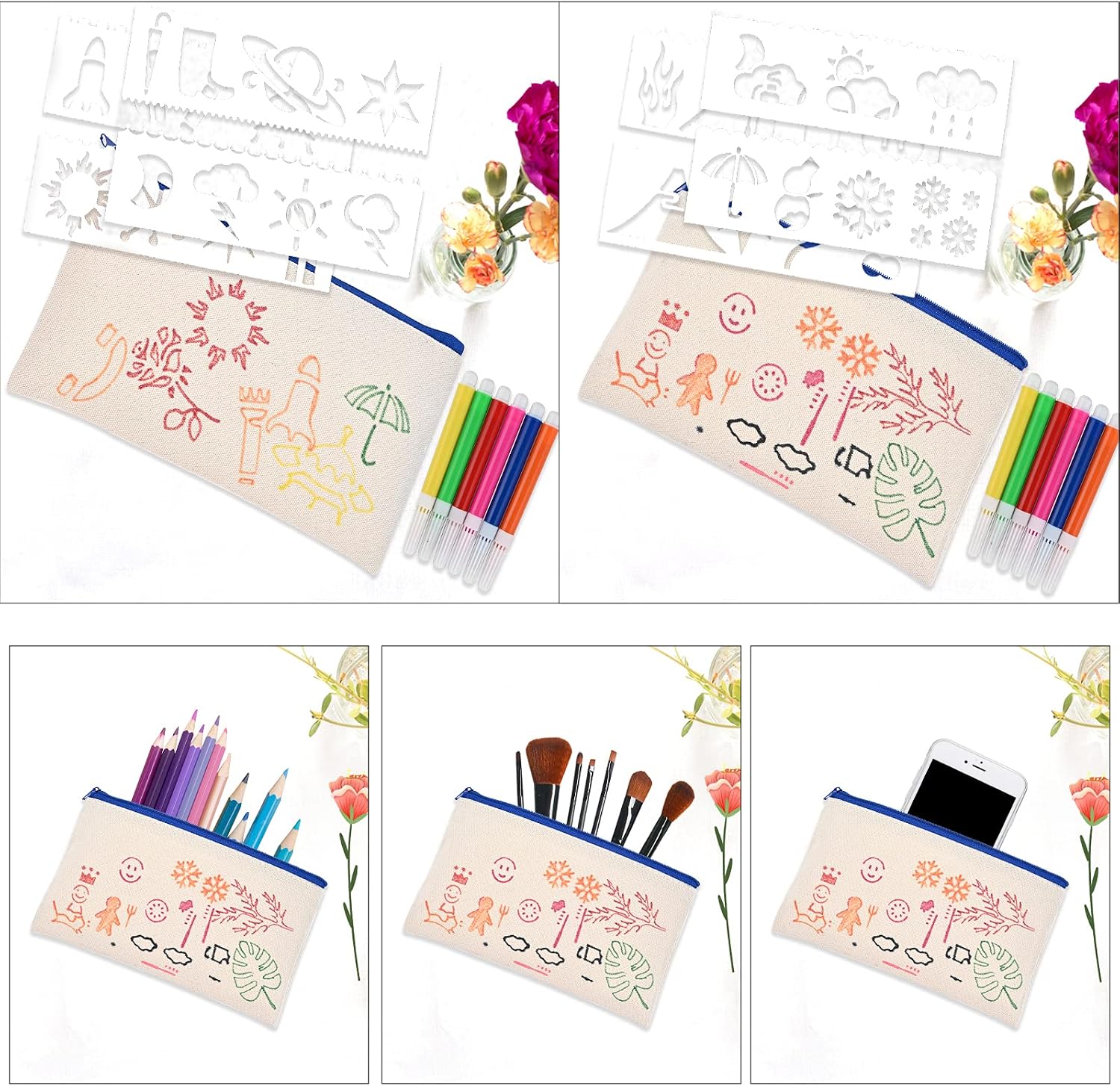 Detalle de Cieex DIY Stoff Federmäppchen Blanko Set – 15 Stück, Leinentaschen mit Stiften (21 × 12 cm)