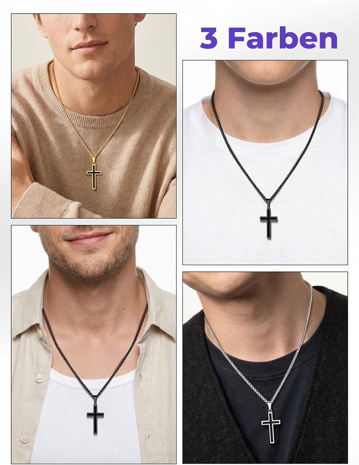 Detalle de Richsteel Kreuz Kette Halskette Herren – verstellbare Edelstahl-Kreuzkette (50+5 cm) Silber/Gold/Schwarz