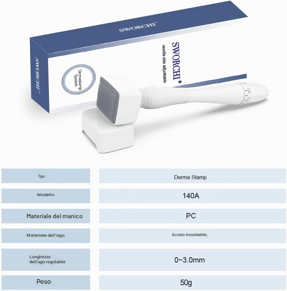 Thumbnail 6 de Timbro Dermastamp Derma Stamp Regolabile 0-3 mm Professionale con 140 aghi in Titanio – Uso Viso, Capelli, Barba e Corpo