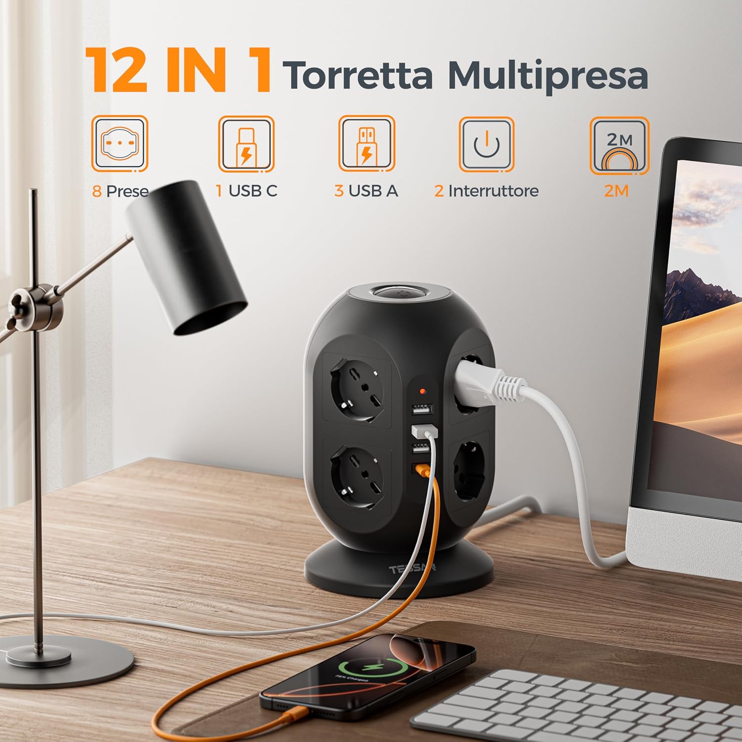 Thumbnail 1 de TESSAN Ciabatta Multipresa 8 Schuko con 4 USB | Torretta con prolunga 2m e interruttore