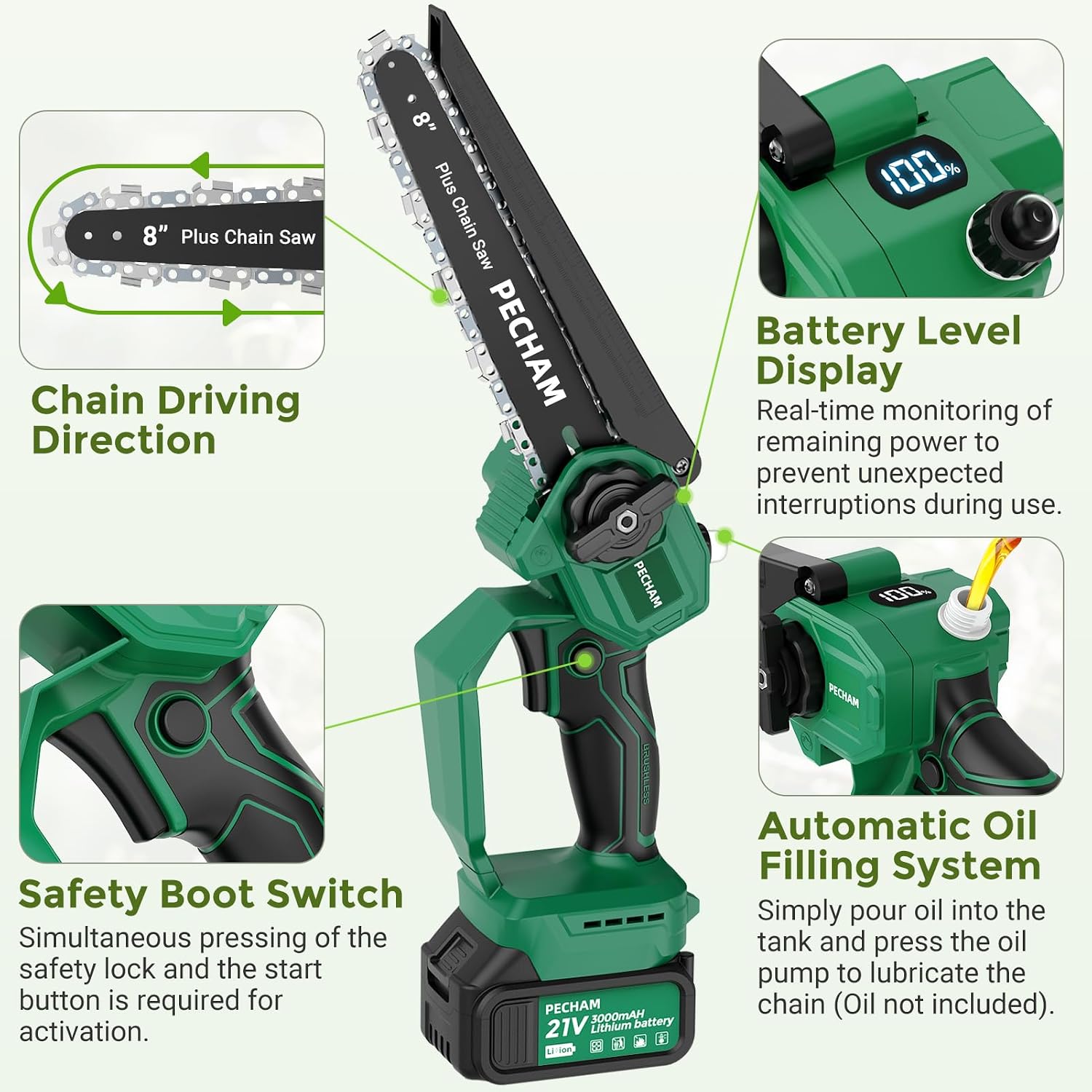 Detalle 2 de PECHAM 8 Inch Mini Chainsaw 800W