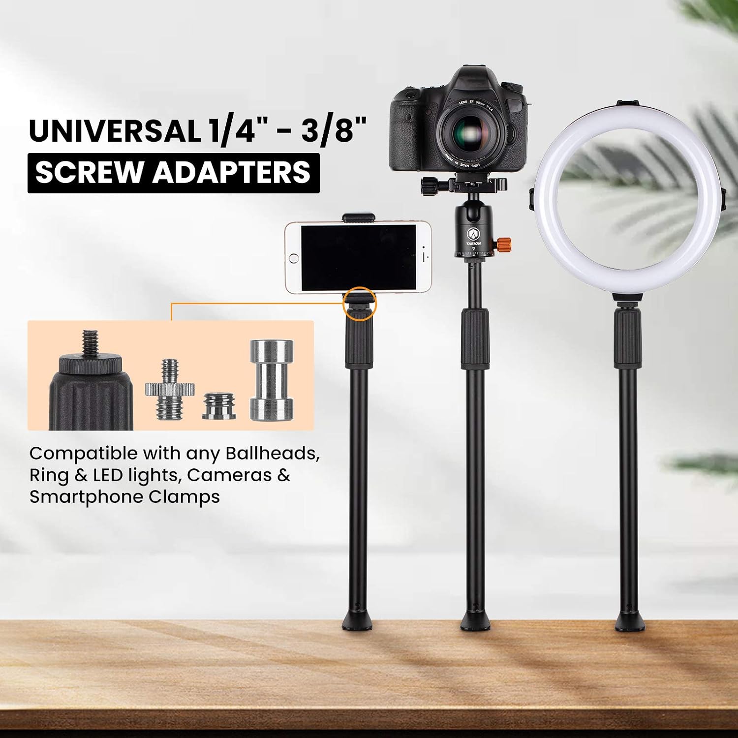 Detalle de TARION Tabletop Light Stand Clip – 35-63 cm Adjustable Desk Mount for Live Streaming and Photography