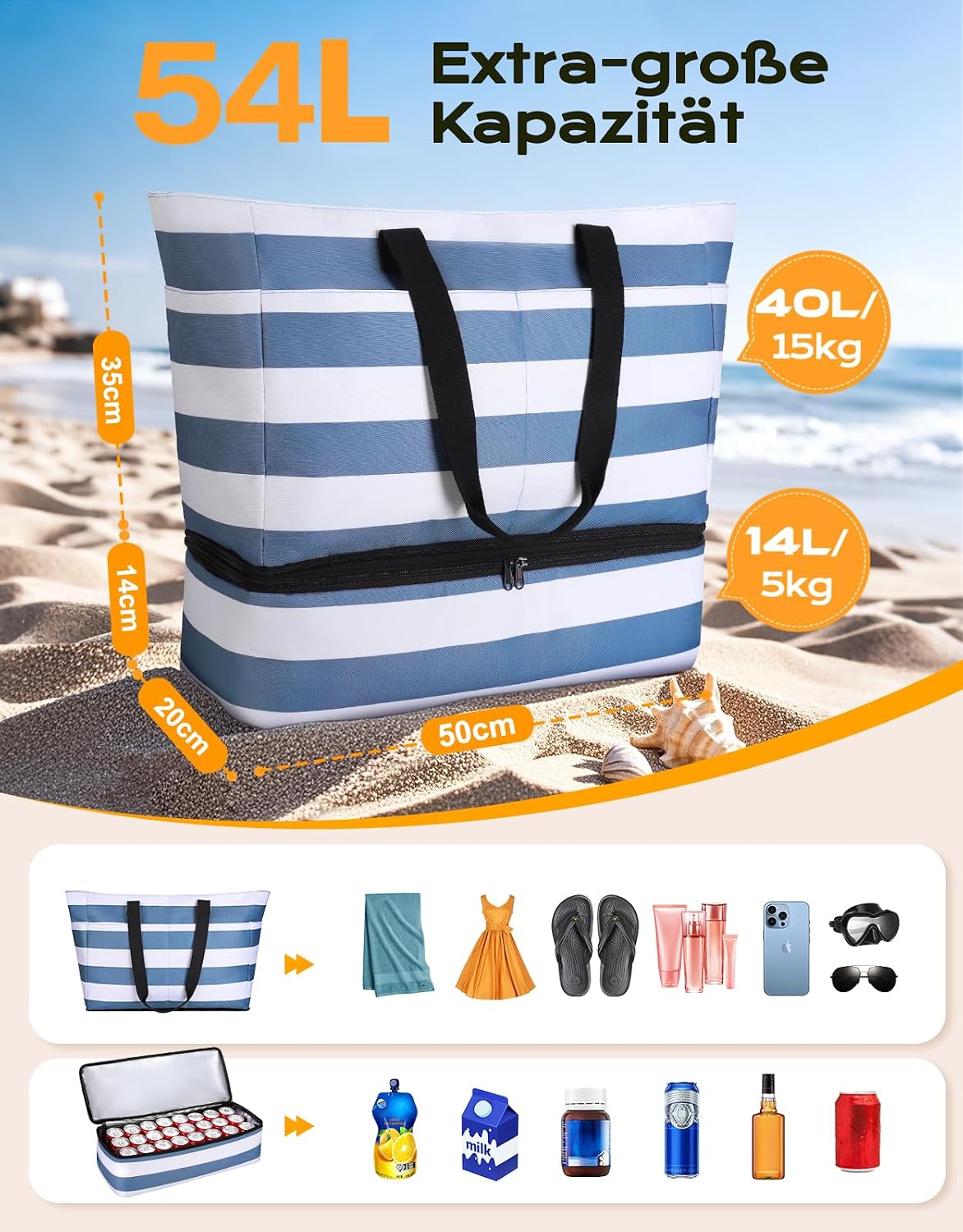 Detalle de CIRYCASE Strandtasche XXL Familie mit Kühlfach – 54L, wasserdicht, mit trennbarem Kühltasche & Nassfach
