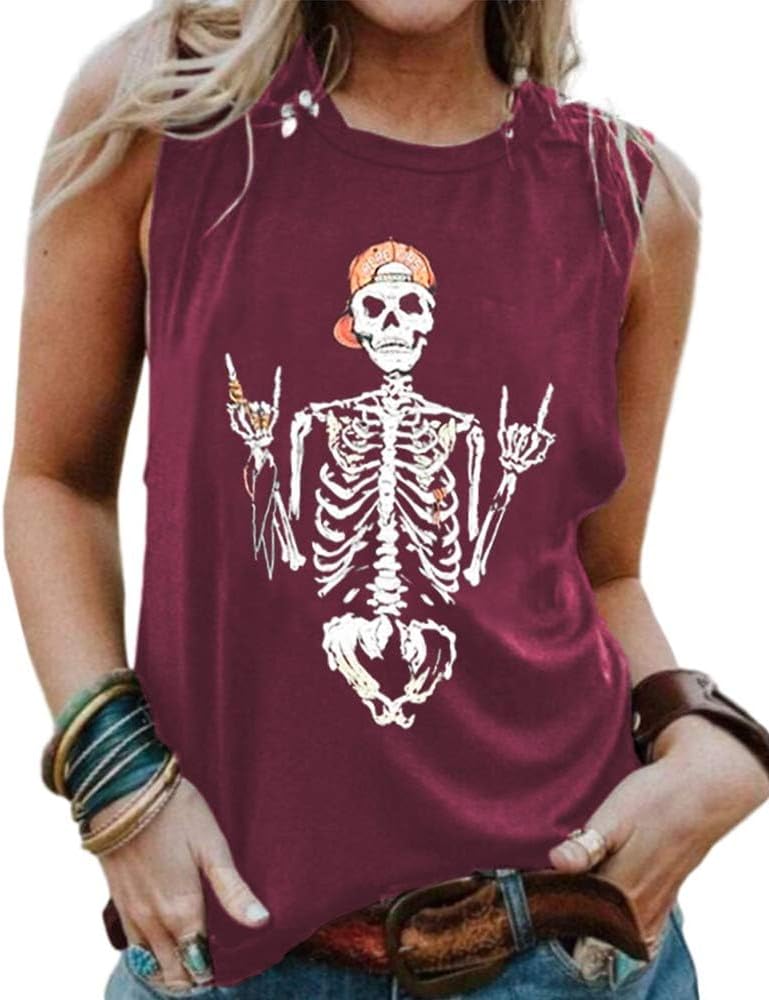Detalle 2 de Cicy Bell Damen Tank Top Schädel Grafik – Lockeres Ärmelloses Rundhals-Top für den Sommer