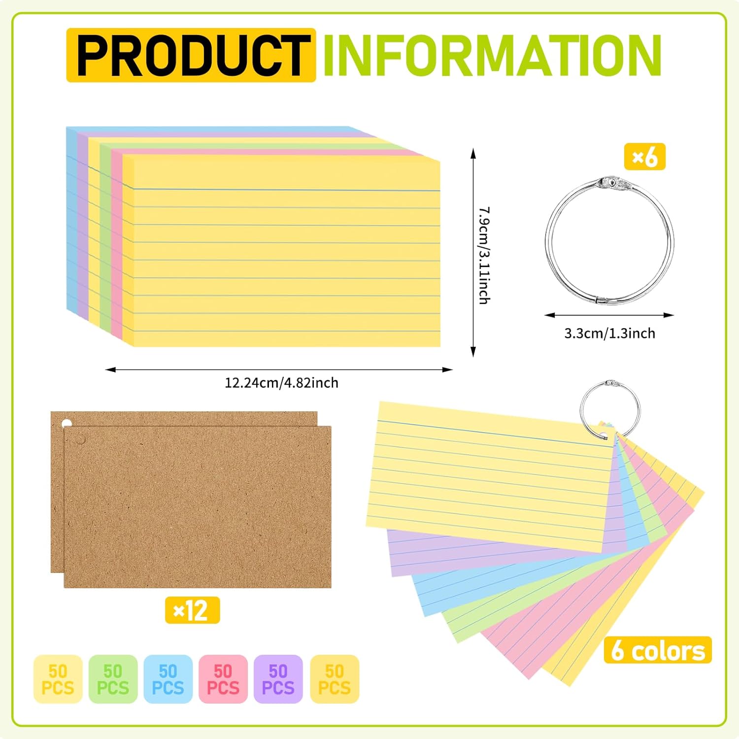 Detalle 2 de Flash Card 300 Pcs Revision Cards with Multicolor Kraft Card and 6 Binder Rings