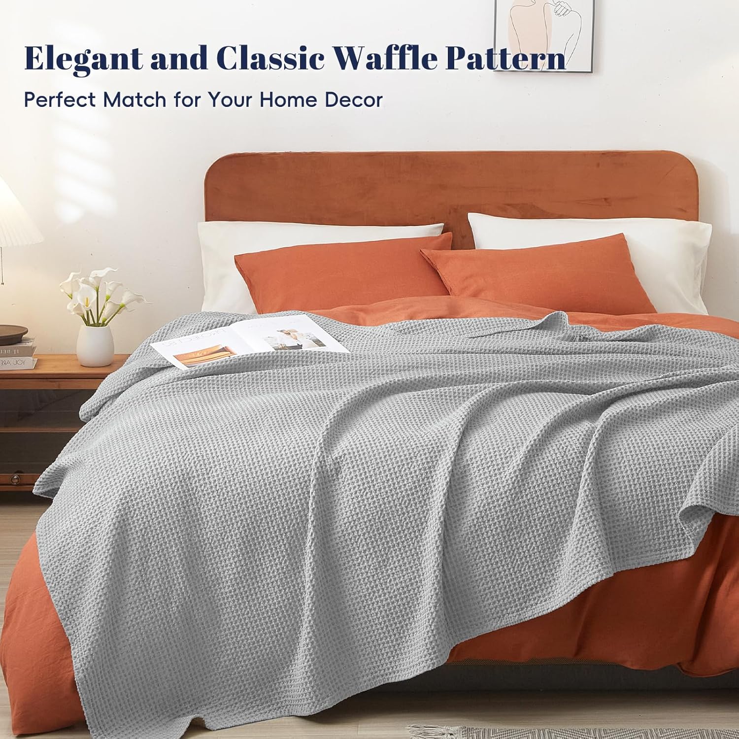 Thumbnail 2 de PHF 100% Cotton Waffle Weave Blanket (Super King, 230 x 270cm) – Pre-washed Lightweight Breathable Throw, Oeko-TEX certified, Light Grey