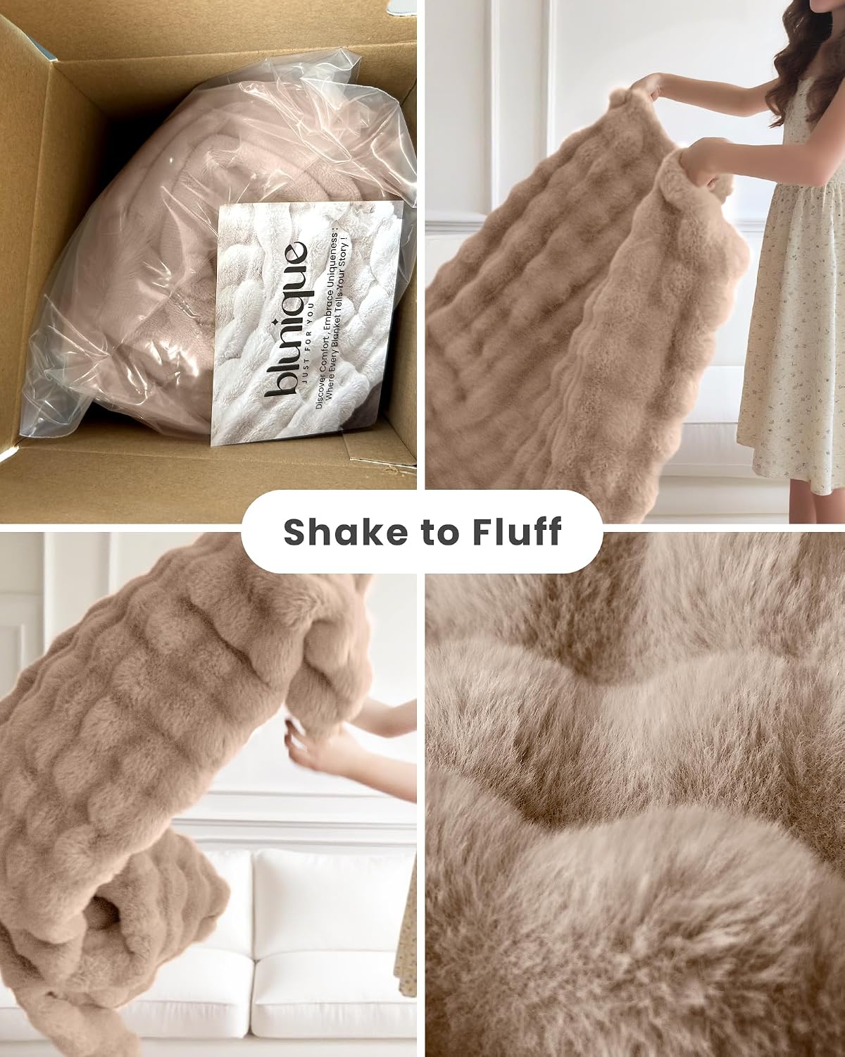 Detalle 2 de blunique Ultra Soft Cozy Faux Fur Throw Blanket (60x80) - Light Brown