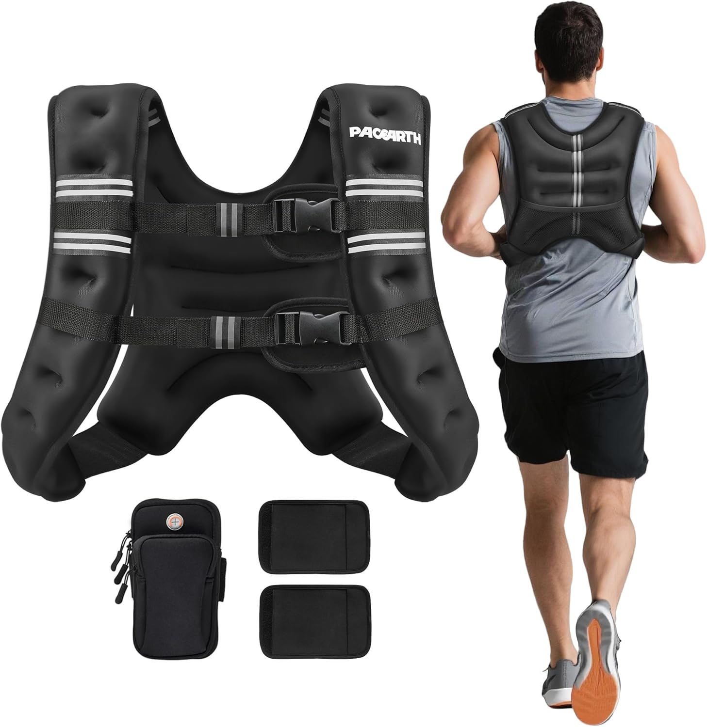 Detalle de PACEARTH Weighted Vest (6–30 lb) with Reflective Stripe, Odor-Free Lycra and Phone Pouch