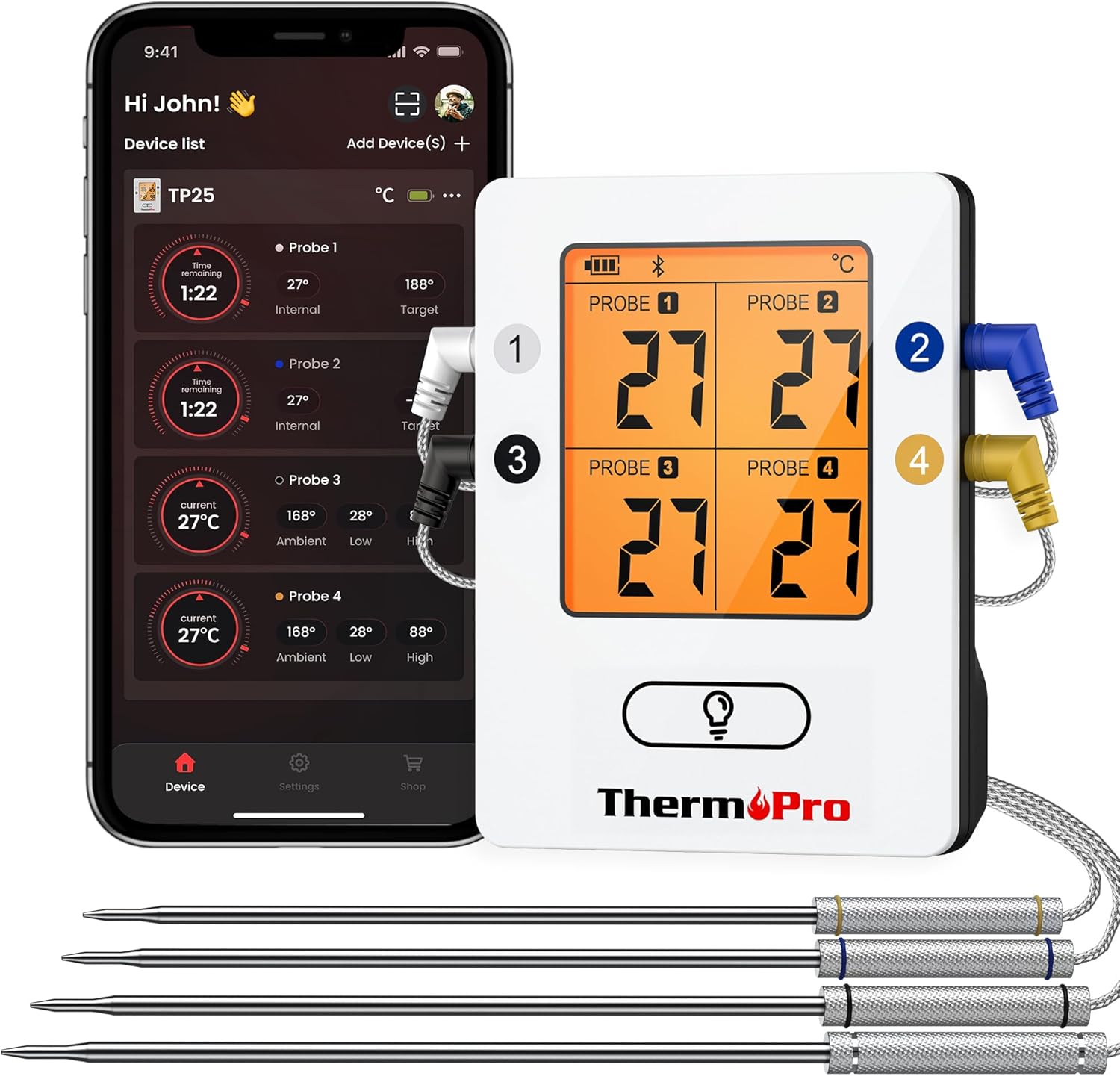 Detalle de ThermoPro TP25 Bluetooth meat thermometer with 4 probes