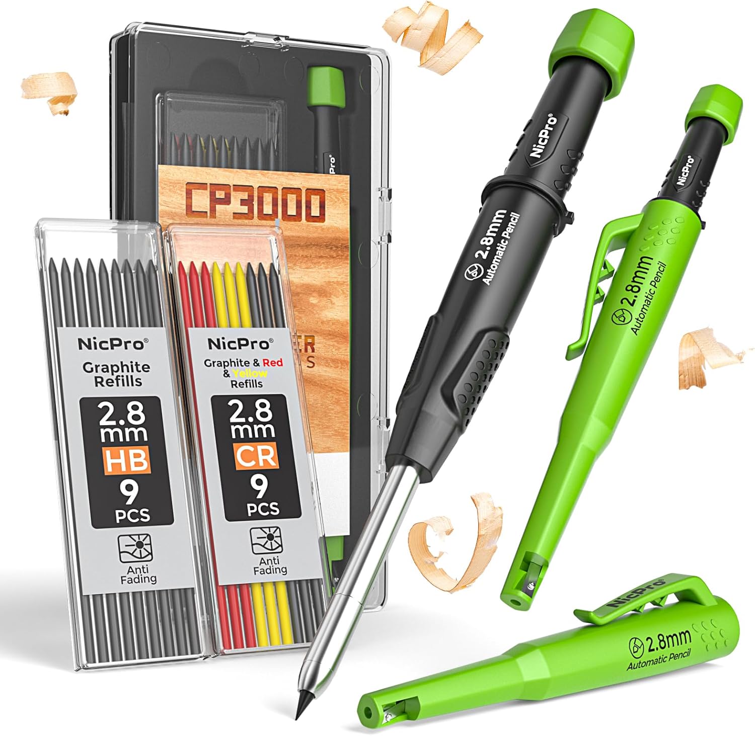 Thumbnail 6 de Nicpro CP3000 Carpenter Pencil with Sharpener & 19 x 2.8 mm Refills (Green) with Deep-Hole Marker Tip