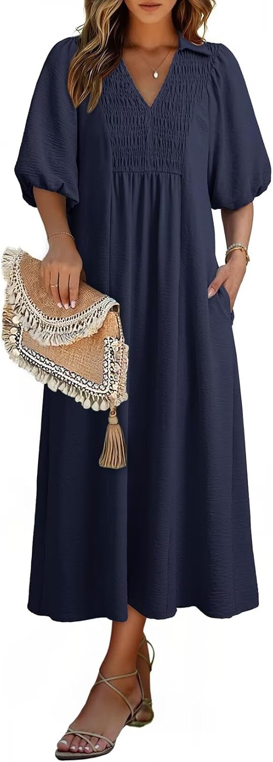 Detalle de Dokotoo Summer Dresses for Women 2026 – Casual V-Neck Puff Sleeve Maxi Dress