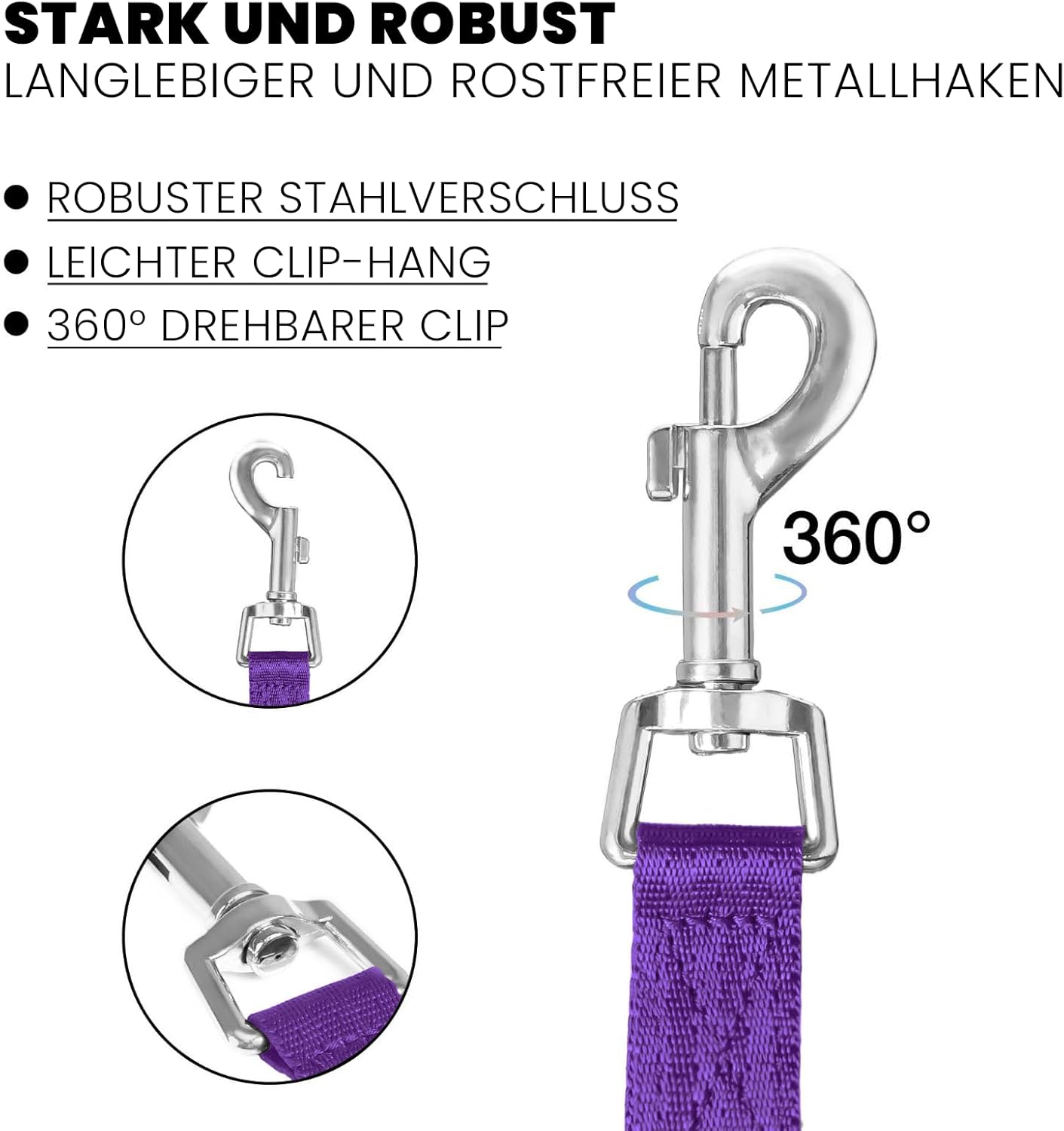 Thumbnail 2 de Loutep Schleppleine für Hunde (Violet, 20 m) – Wasserfest, mit gepolstertem Griff und drehbarem Haken