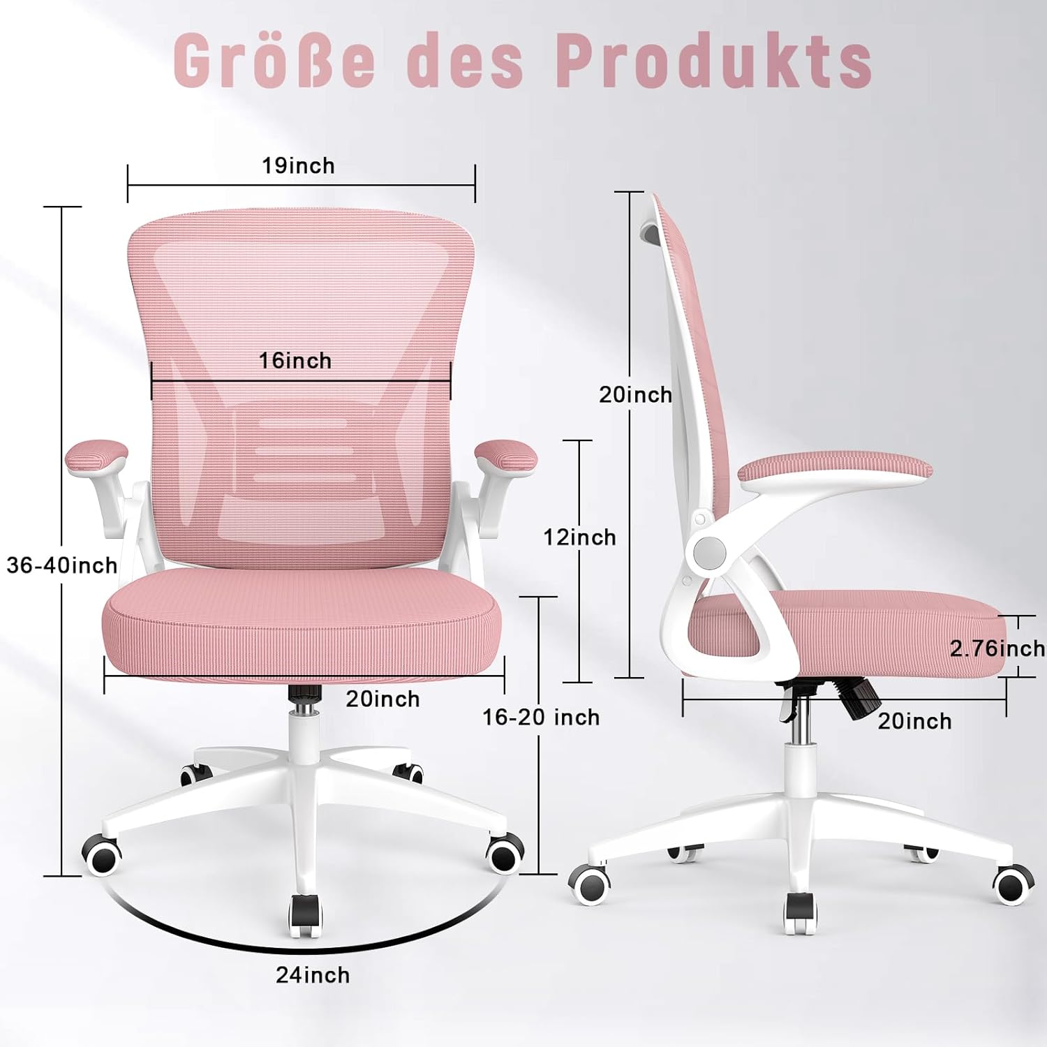 Thumbnail 1 de Naspaluro Bürostuhl mit verstellbaren Armlehnen – ergonomisch, Netzrücken, Lordosenstütze, rosa