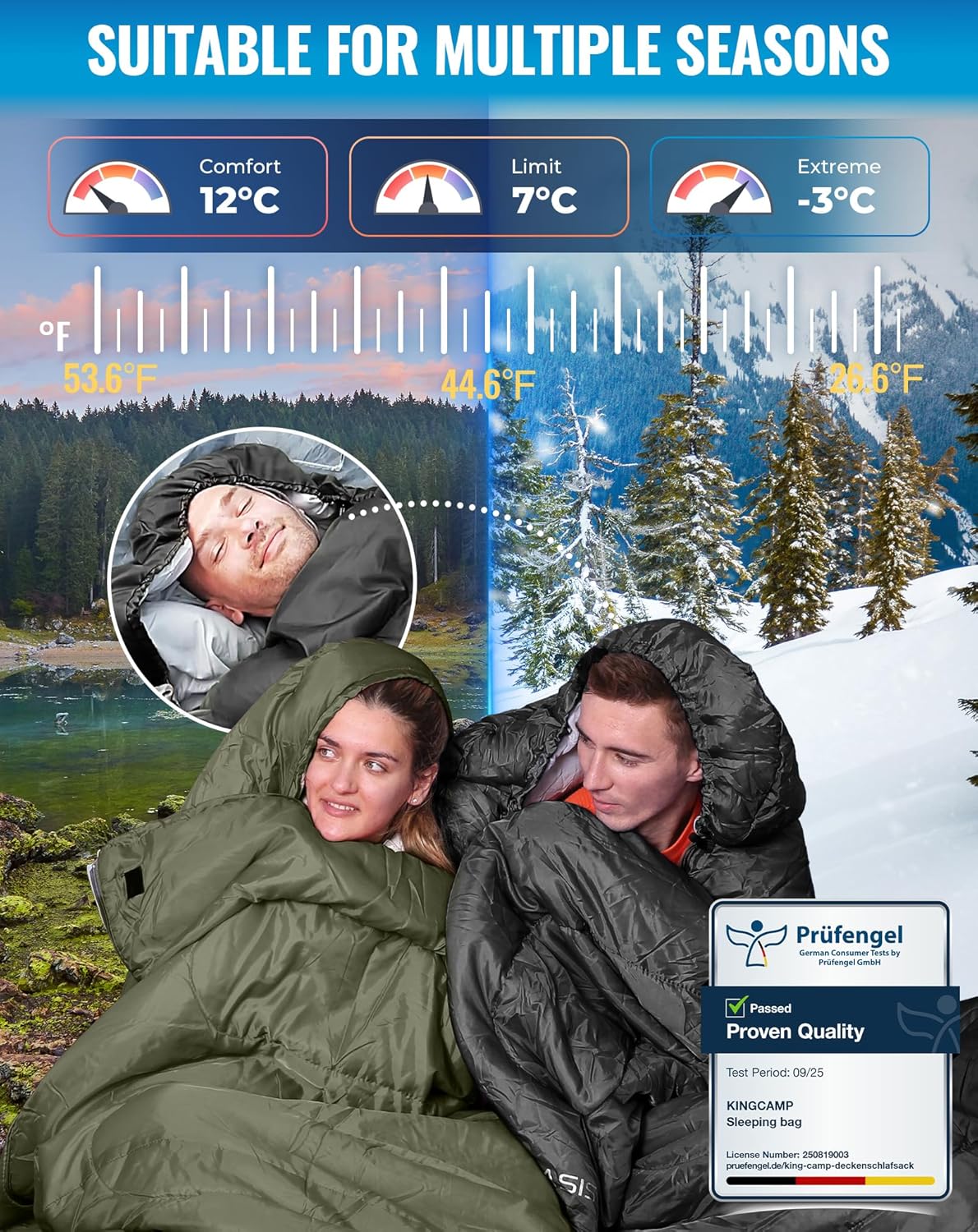 Thumbnail 2 de KingCamp Oasis 3–4 Season Waterproof Sleeping Bag (Left–Right Connectable) for Children & Adults
