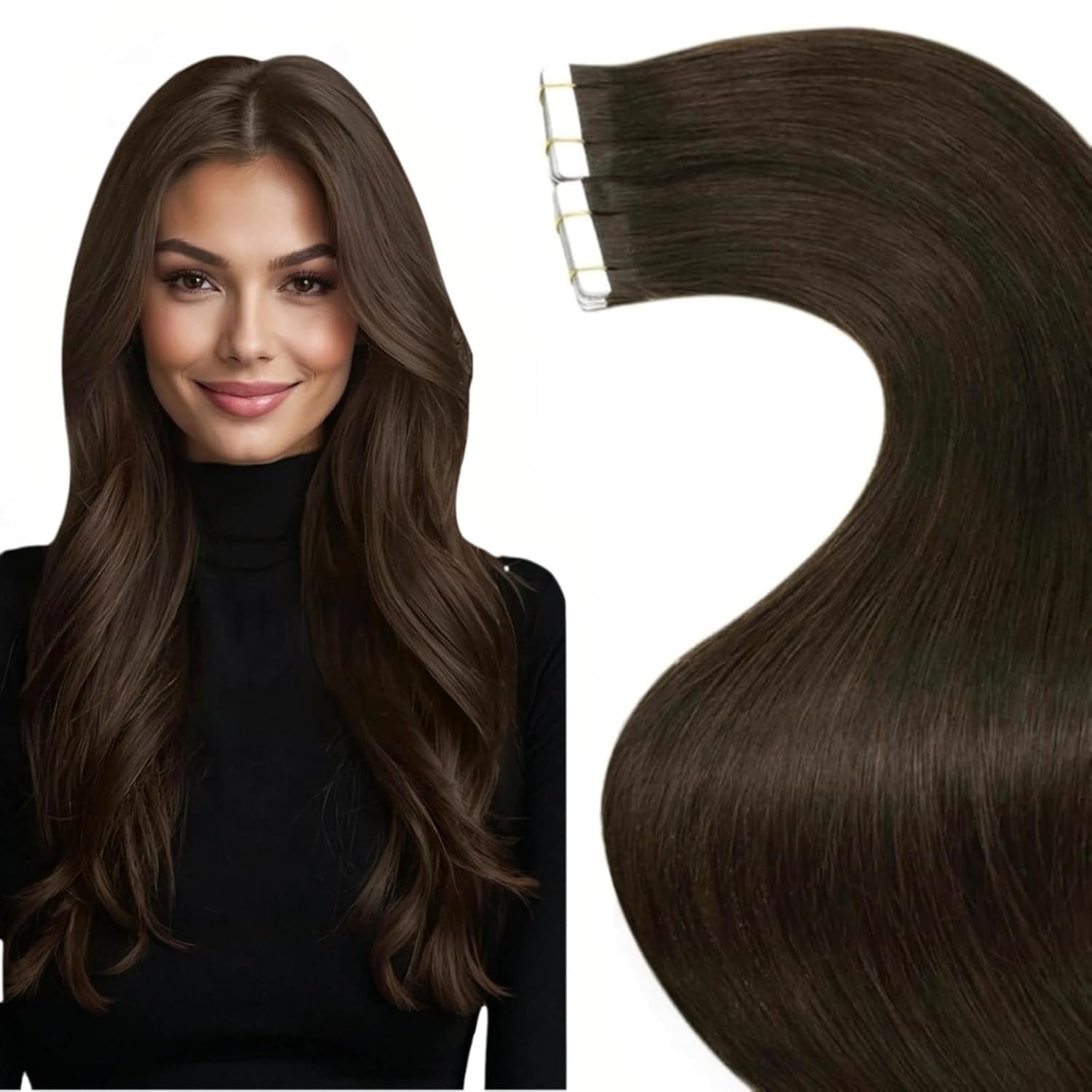 Detalle de LaaVoo Echthaar Tape-in Extensions Dunkelbraun – 20 Strähnen, 30 cm