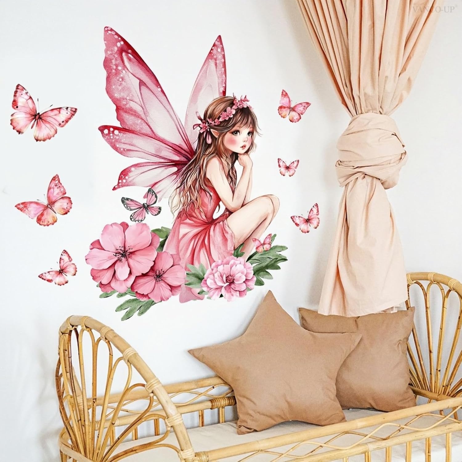 Thumbnail 1 de Flower Fairy Wall Stickers for Girls Room – Pink Floral Butterfly Wall Mural DIY PVC Decals (2 Sheets)