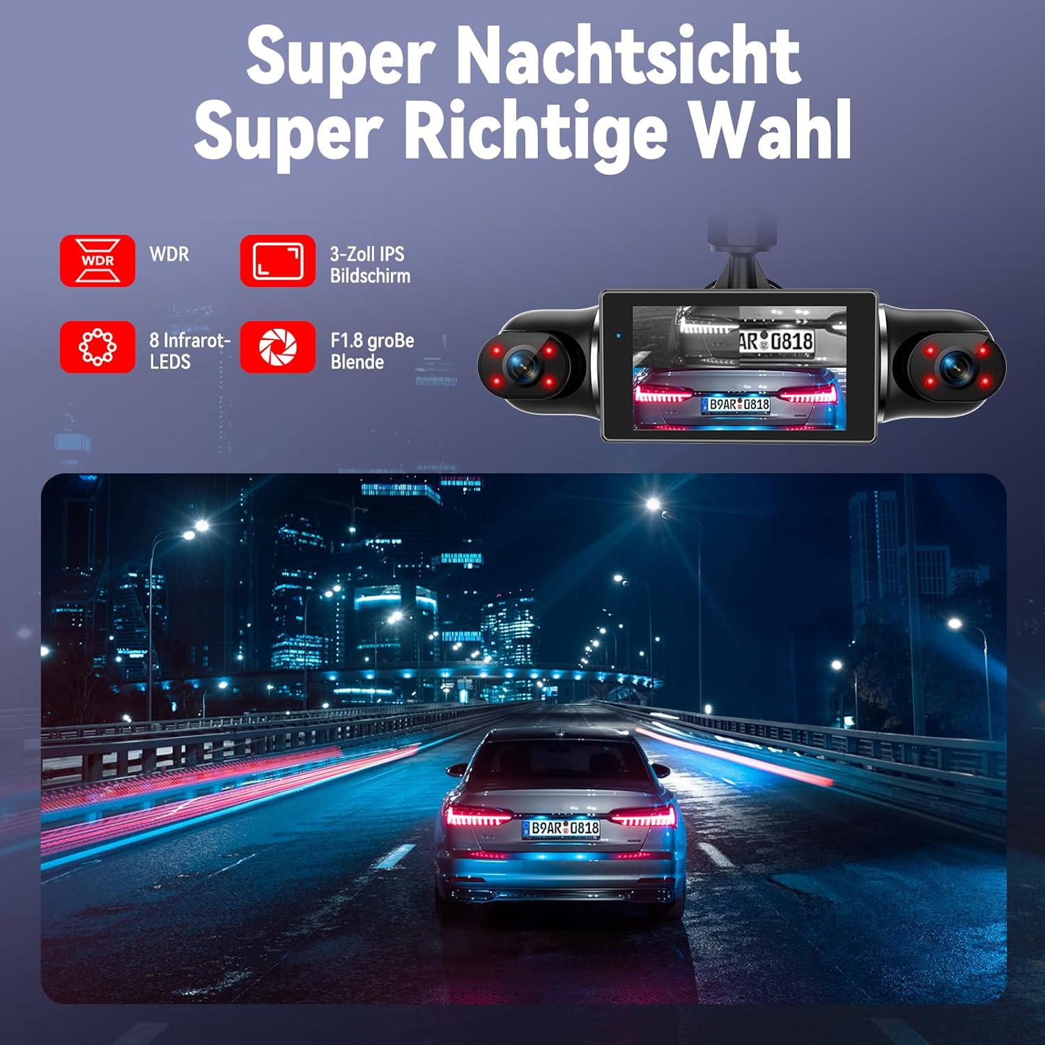 Thumbnail 3 de 360°Dashcam Auto Vorne Hinten 4-Kanal – Panorama-Dashcam mit 4K+1080p, 64GB, IR-Nachtsicht, G-Sensor