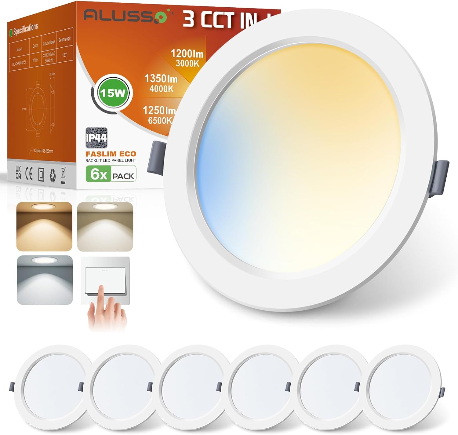 Detalle de ALUSSO 15W Slim LED Panel Downlights – 6 Pack, 3CCT with Memory, IP44 Waterproof