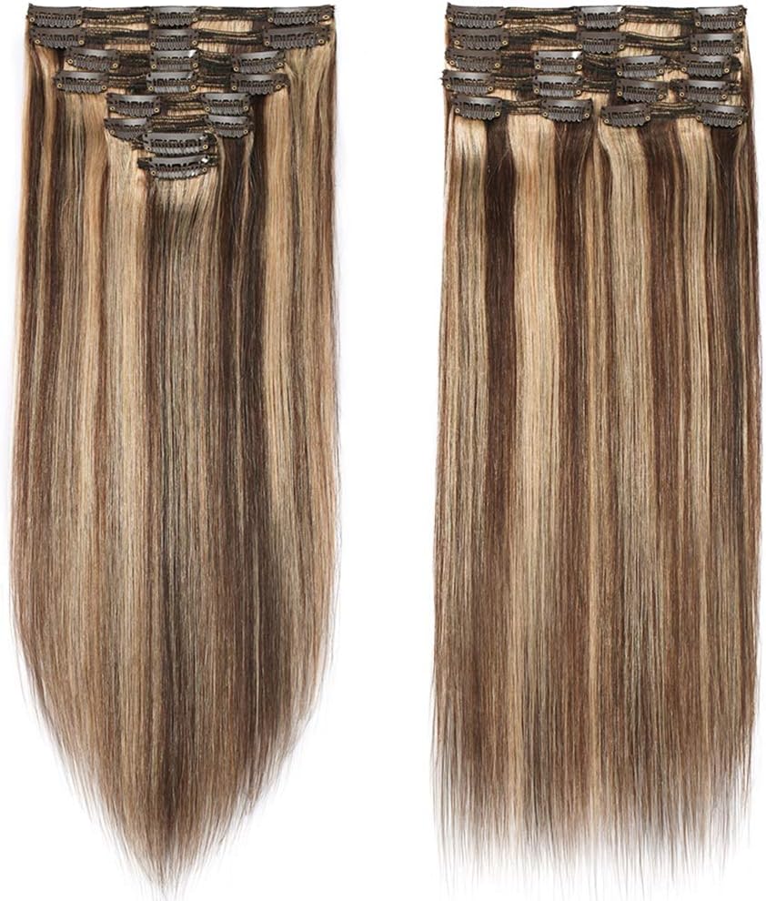 Detalle 2 de SEGO Extension Clip Capelli Veri Marrone Mix 4P27 – 45 cm, 18 Clip, 8 Fasce Remy a Doppia Tessitura