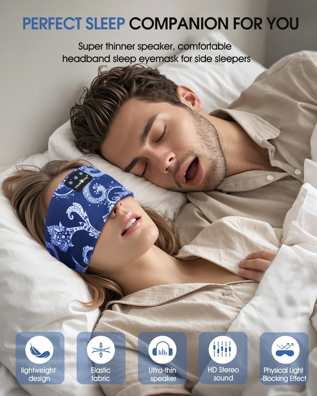 Detalle de MUSICOZY Schlafkopfhörer Bluetooth 5.4 – 4-in-1 Stirnband-Kopfhörer für Schlaf, Sport und unterwegs