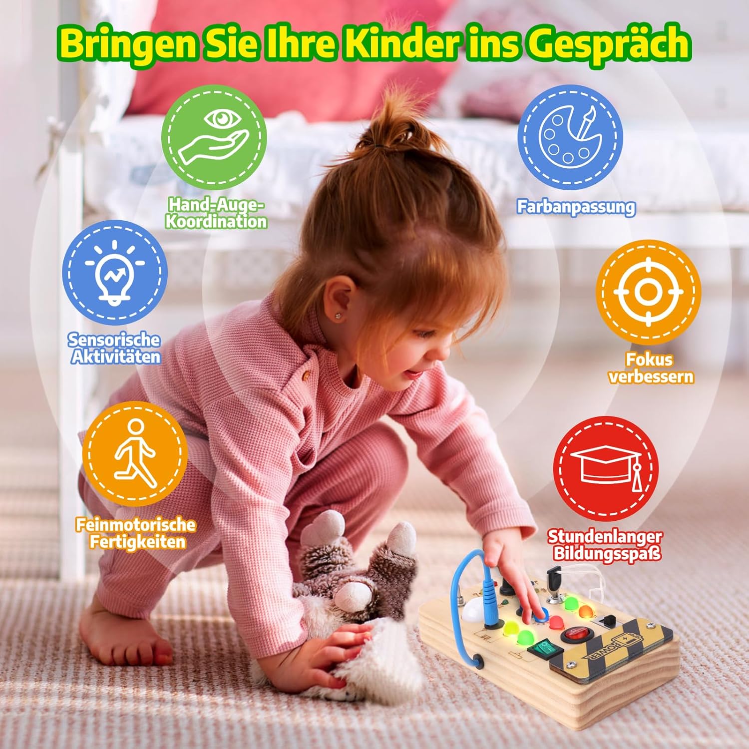 Detalle de Hoarosall Montessori Busy Board mit LED-Lichtschalter – Motorik- und Sensorik-Spielzeug aus Holz ab 1 Jahr