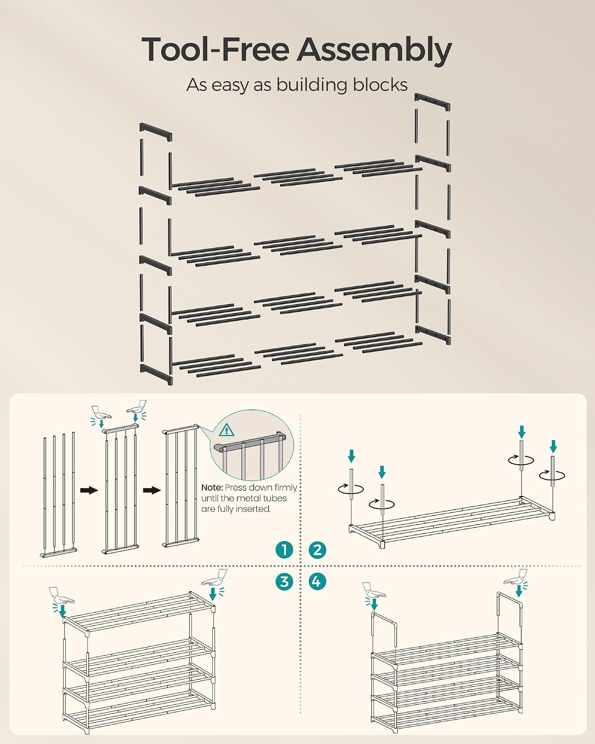 Thumbnail 6 de SONGMICS DEKY LSA034B01 4-Tier Shoe Rack, Stackable, 116 x 30 x 72 cm