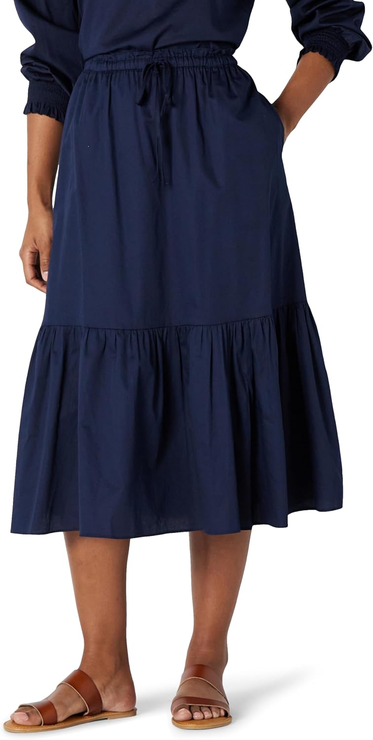 Thumbnail 6 de Amazon Essentials Damen Mid-Rise A-Linie Baumwollsatin Midi-Rock mit Stufenvolumen