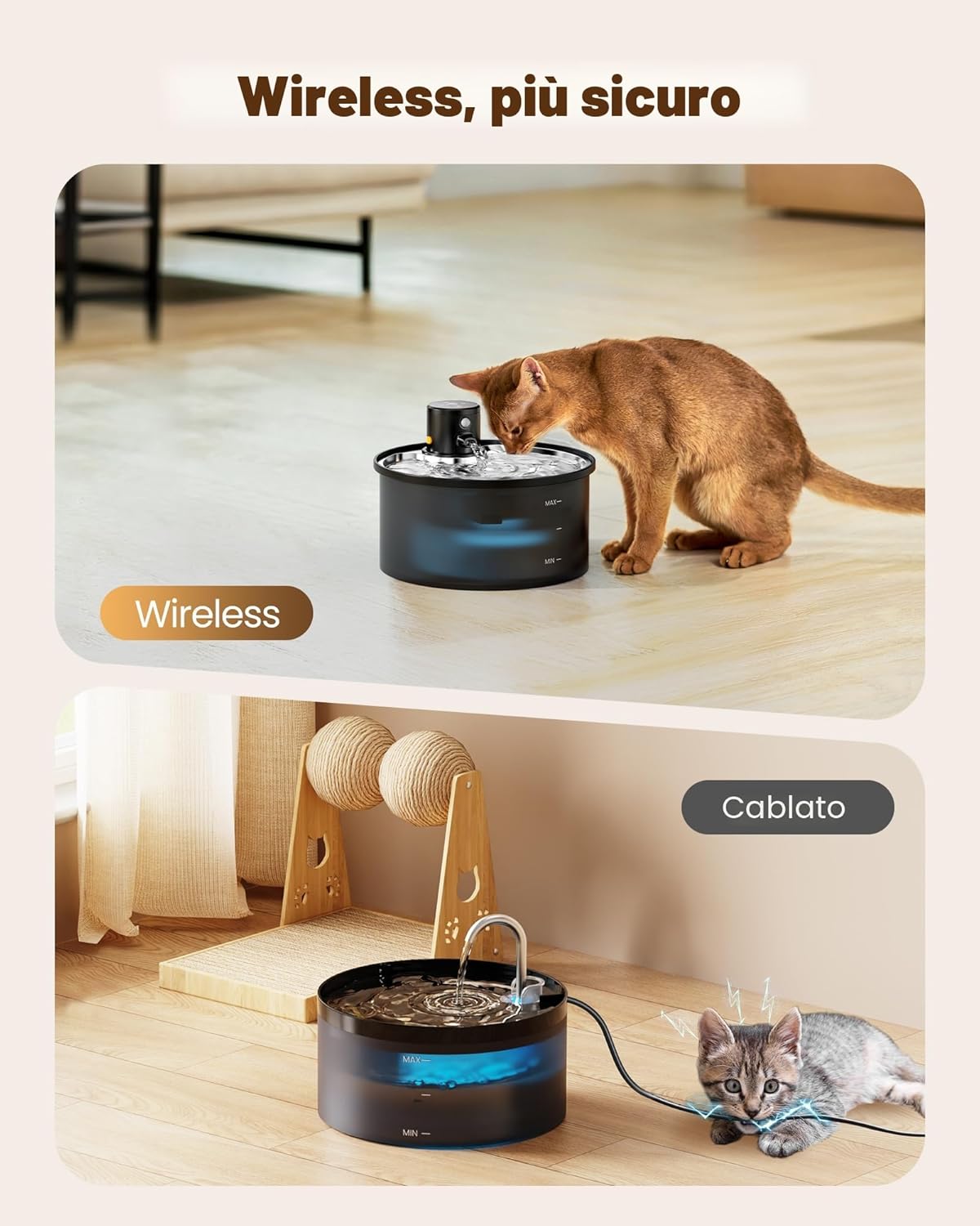 Detalle de Fontanella per gatti con sensore di movimento VKIMISS – 3.2 L, wireless, batteria rimovibile 4000 mAh